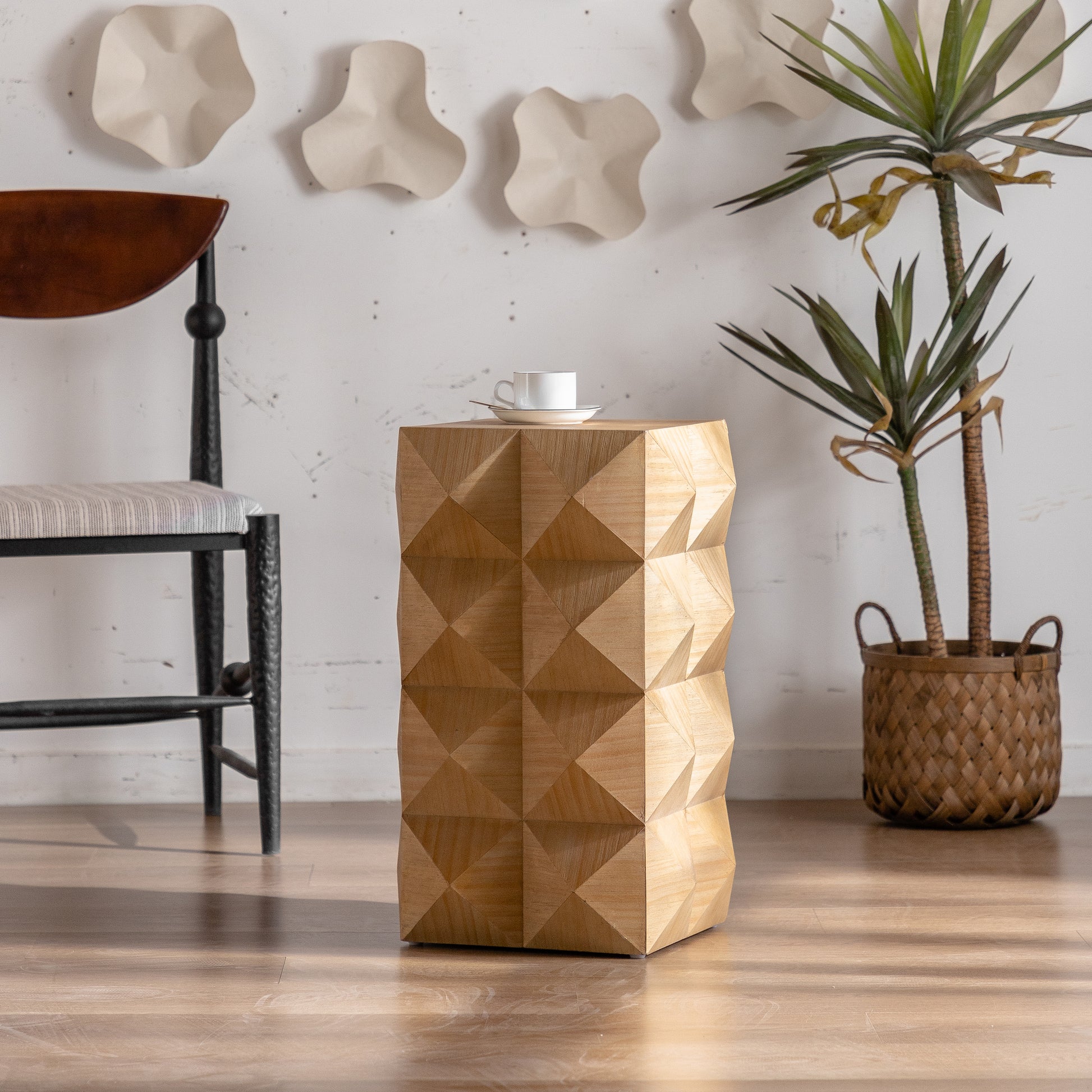 23.62"Height Three Dimensional Embossed Pattern Design Retro Side Table Retro Furniture Natural Mdf
