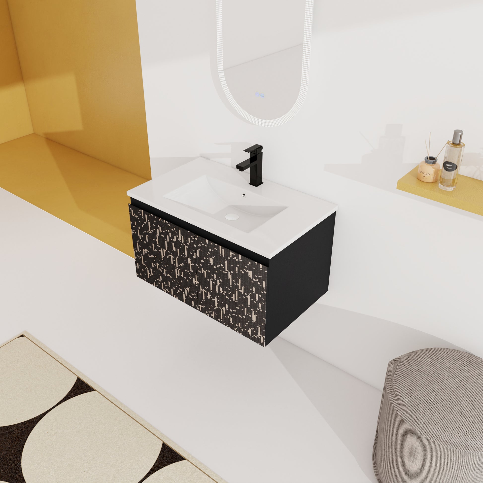 30'' Floating Wall Mounted Bathroom Vanity With Ceramics Sink & Soft Close Cabinet Door, Kd Package Black Bathroom Modern Plywood