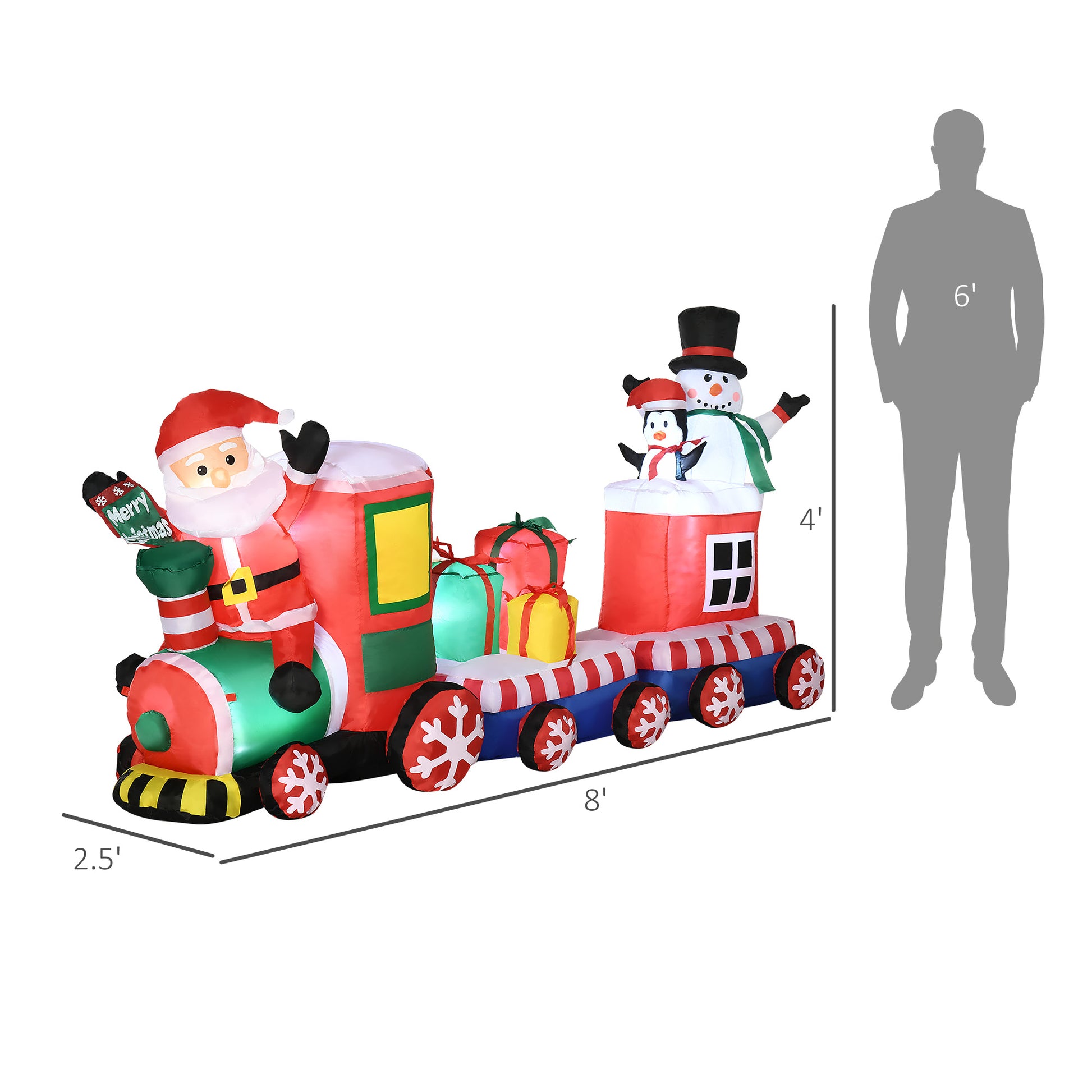 Outsunny 8Ft Christmas Inflatables Outdoor Decorations Train With Santa Claus, Snowman, Penguin And Gift Boxes, Blow Up Led Yard Christmas Decor For Lawn Garden Party Red Polyester