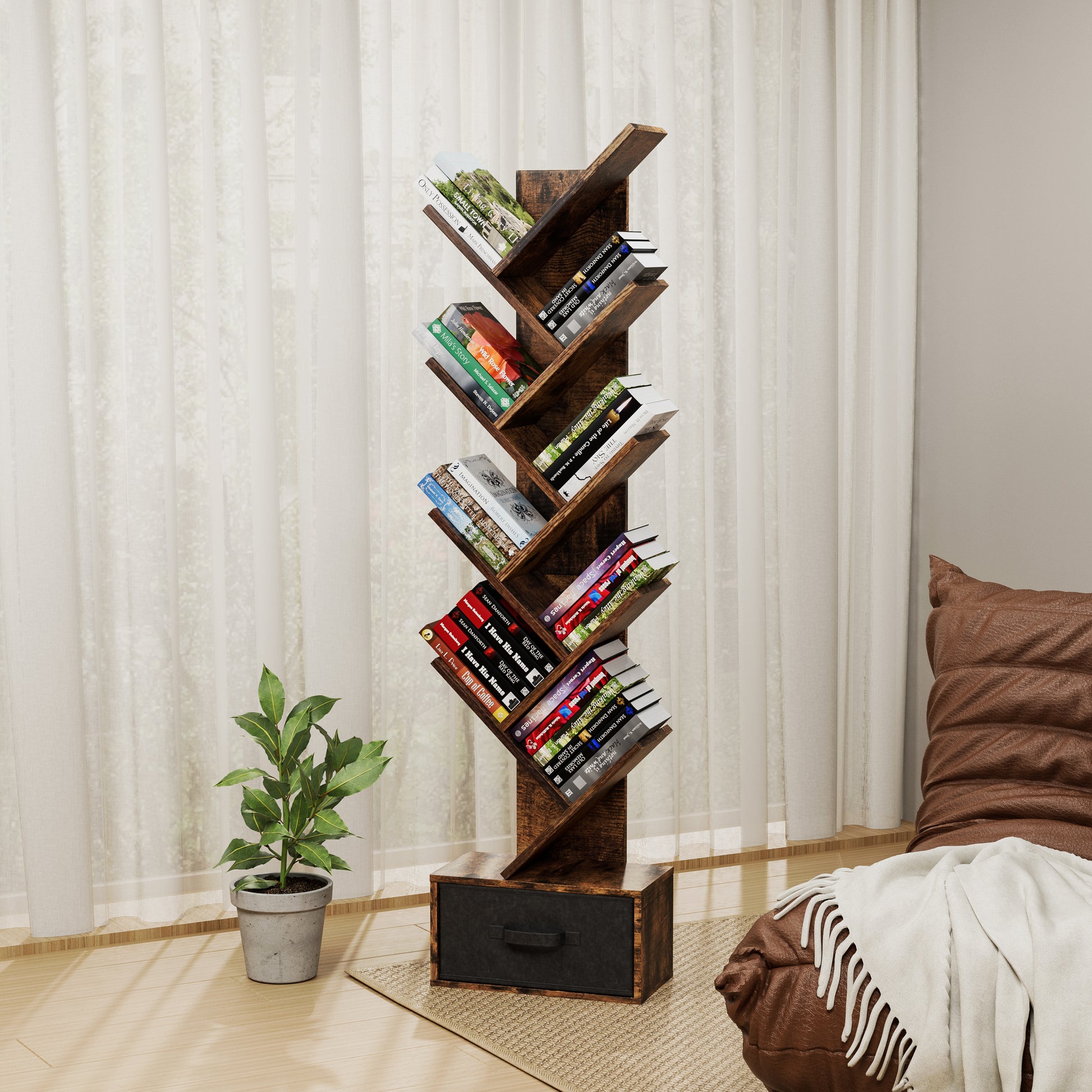 9 Tier Tree Bookshelf With Drawer Bookcase, Modern Book Storage, Free Standing Tree Bookcase, Utility Organizer Shelves For Home Office, Living Room, Bedroom, Rustic Brown Deep Rustic Brown Metal