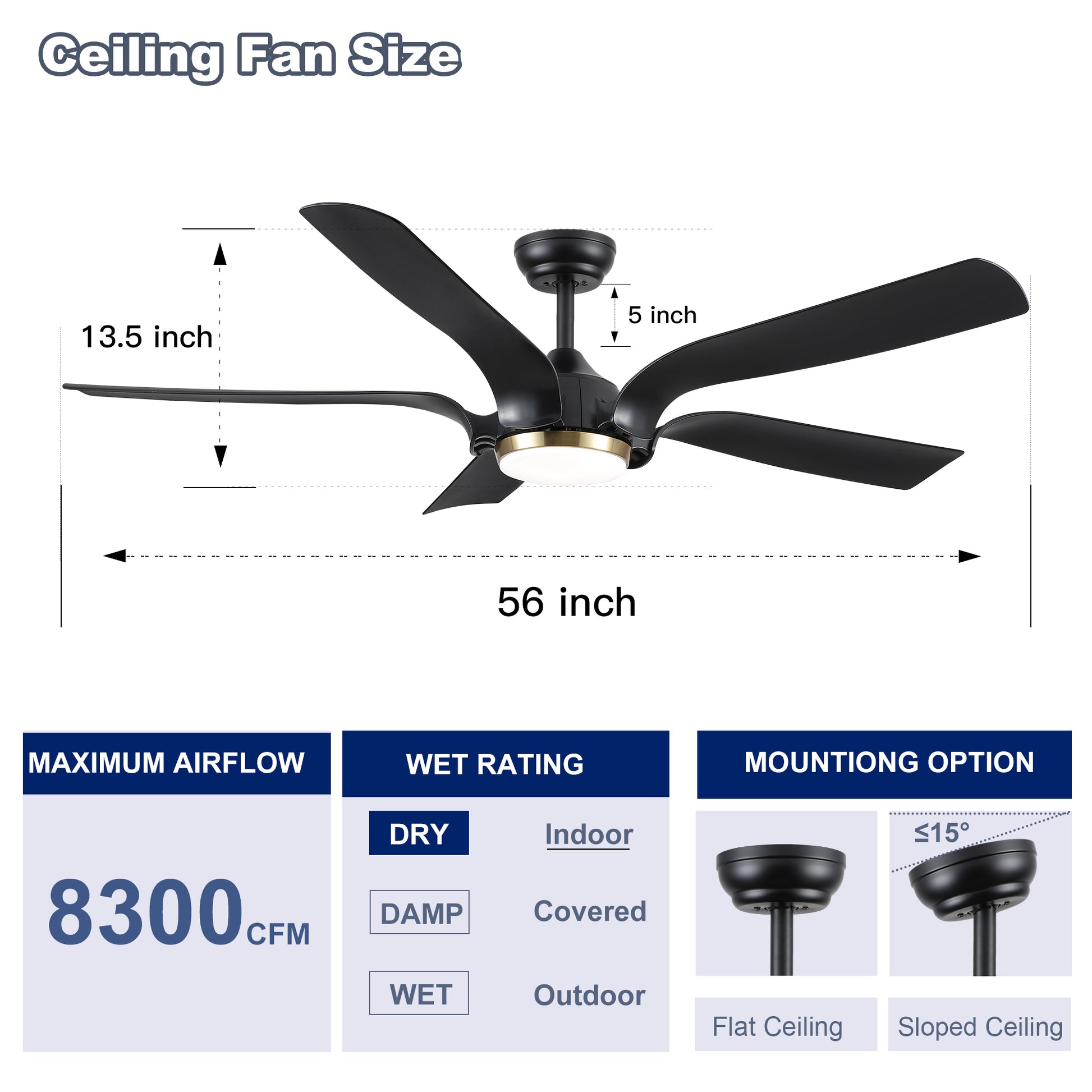 Smart 56" Integrated Led Ceiling Fan With Antique Brown Blades In Matte Black Fan Body Finish Black Abs