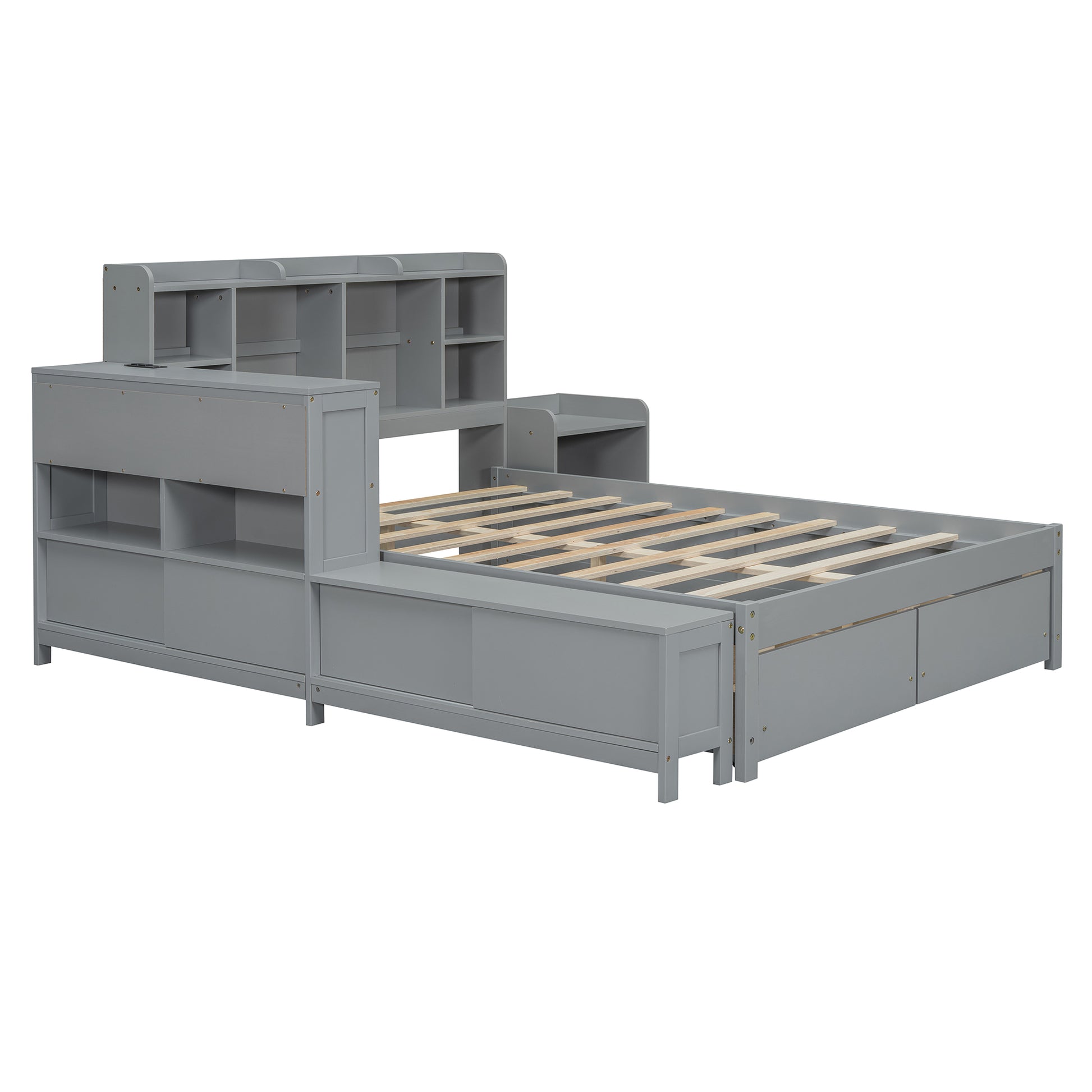 Full Size Wooden Platform Bed With Multi Functional Storage Space, Nightstand, 2 Drawers, Usb Ports And Desk, Gray Full Gray Wood