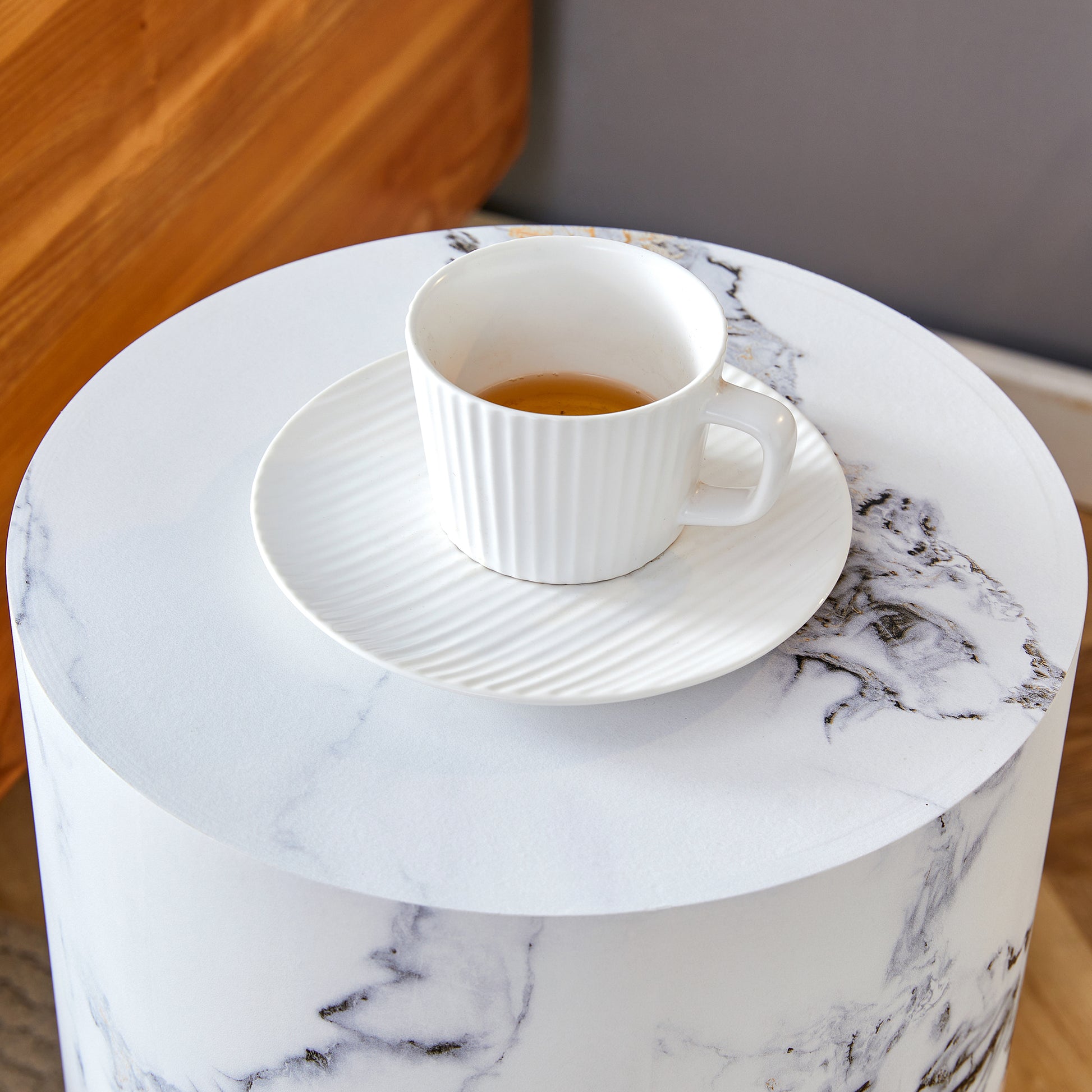 Modern Minimalist Set Of Three Cylinder Marble Patterned Mdf Coffee Tables.The Cylindrical Table With Its Patterned Design Can Be Easily Integrated Into A Variety Of Interior Styles. White Mdf