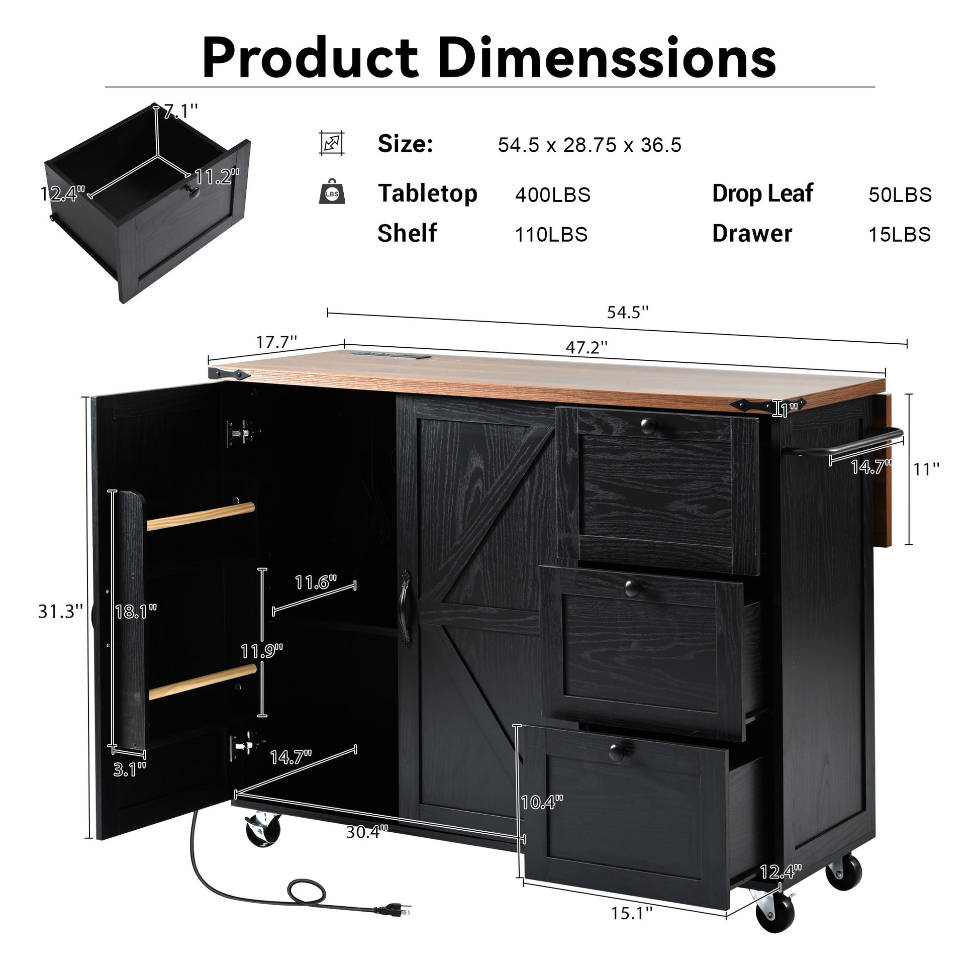 K&K 54.5" Farmhouse Kitchen Island With Power Outlet, Kitchen Storage Island With Internal Storage Rack, Drop Leaf, Spice Rack, Rolling Kitchen Cart On Wheels, For Home, Kitchen And Dining Room,Black Black Brown Kitchen Classic,Farmhouse,Luxury,Modern