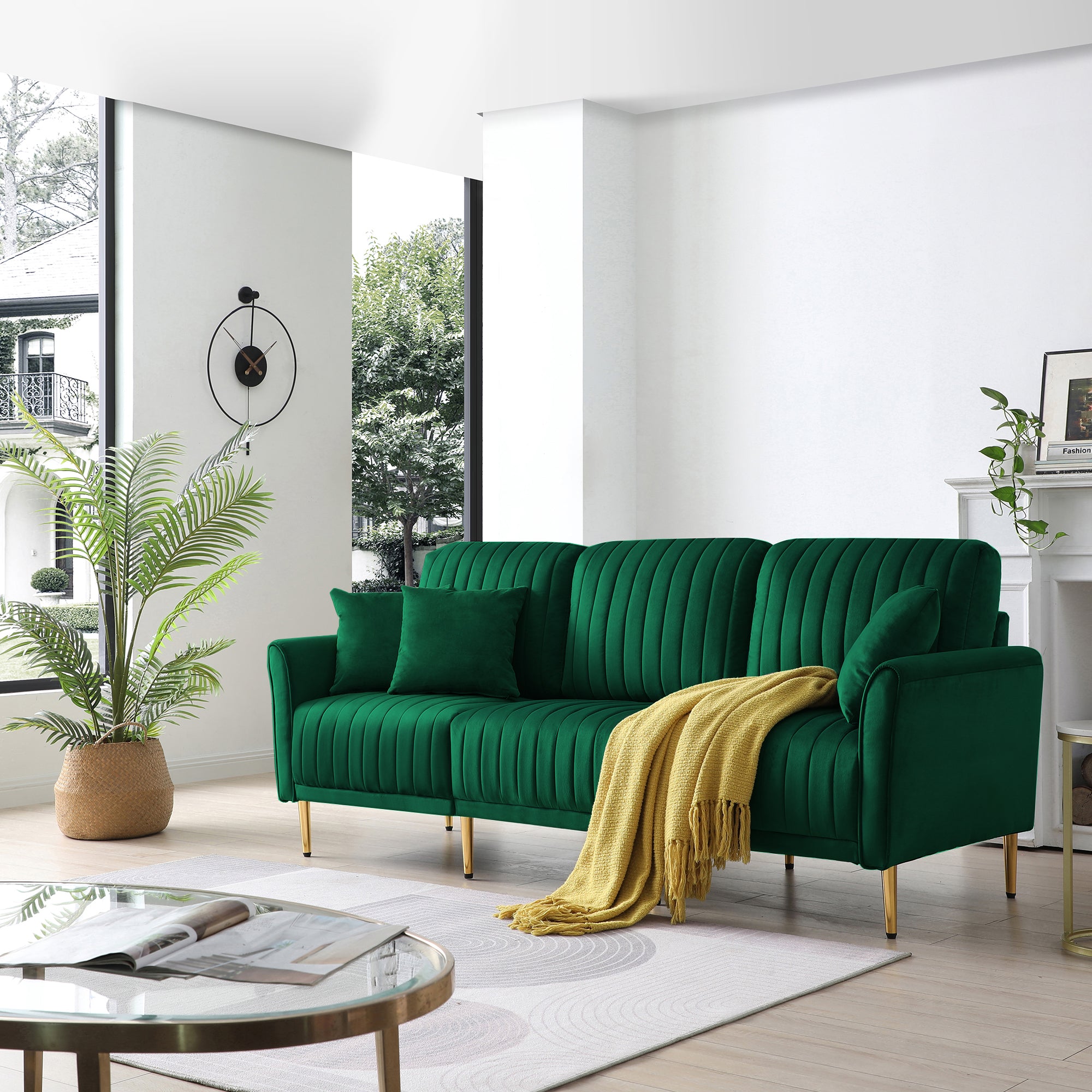 Living Room Furniture Upholstered Couch Sofa With Reversible Cushions For Home Or Office 3 Seat Green Velvet Green Foam Velvet 3 Seat