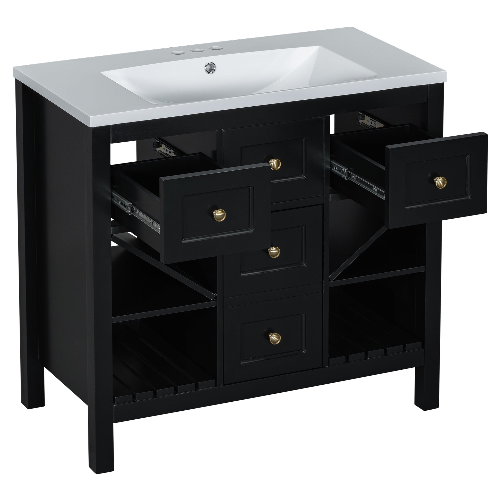 36'' Bathroom Vanity With Resin Sink Combo, Solid Wood Frame Bathroom Storage Cabinet, Freestanding Vanity Set With 5 Drawers& Soft Closing Doors Same As N710S136001B Black Bathroom Solid Wood Mdf Resin