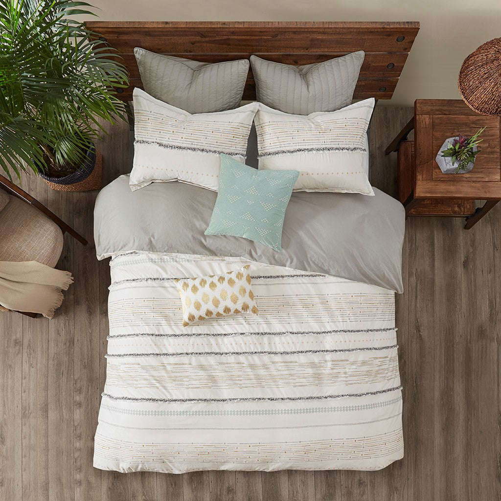 Cotton Printed Comforter Set With Trims Off White Gray Full Queen Queen Off White Gray Cotton