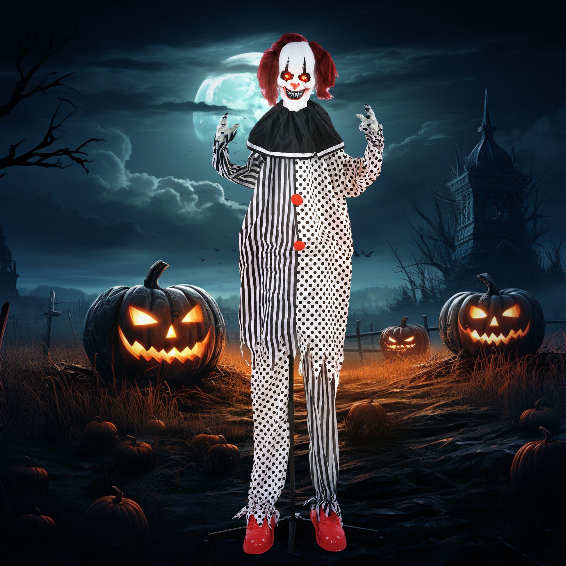 Homcom 6' Life Size Outdoor Halloween Decoration, Animatronic Circus Clown, Sound And Motion Activated Animated Prop With Light Up Eyes, Talking And Laughter White Polyester