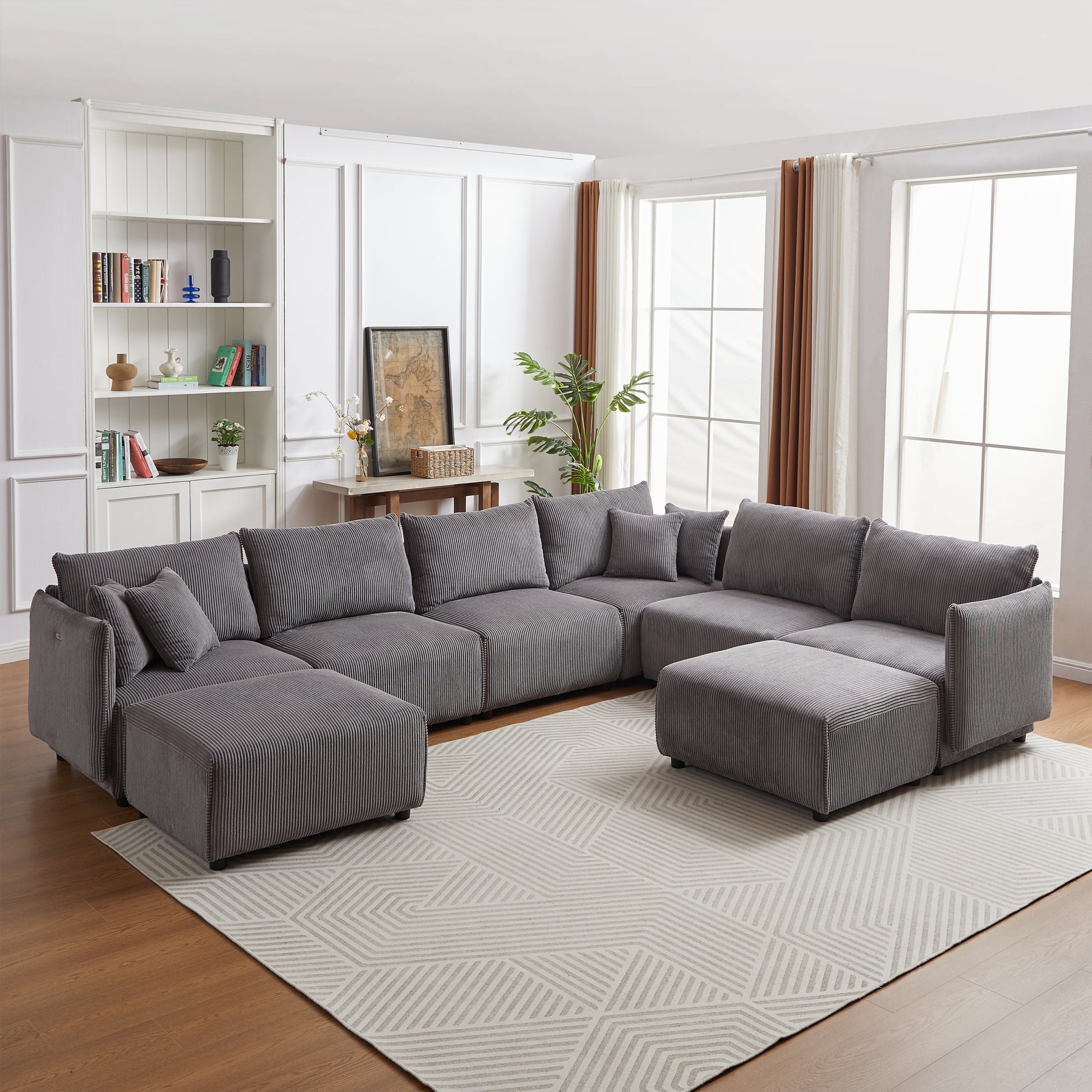 Multi Module Combination Style Sofa For Living Room, Bedroom And Other Lounge Spaces, Modern Minimalist Corduroy Combination Sofa With 2 Comfort Cushions With Usb & C Charging Ports,Gray,Two Sets Gray Foam Fabric 8 Seat