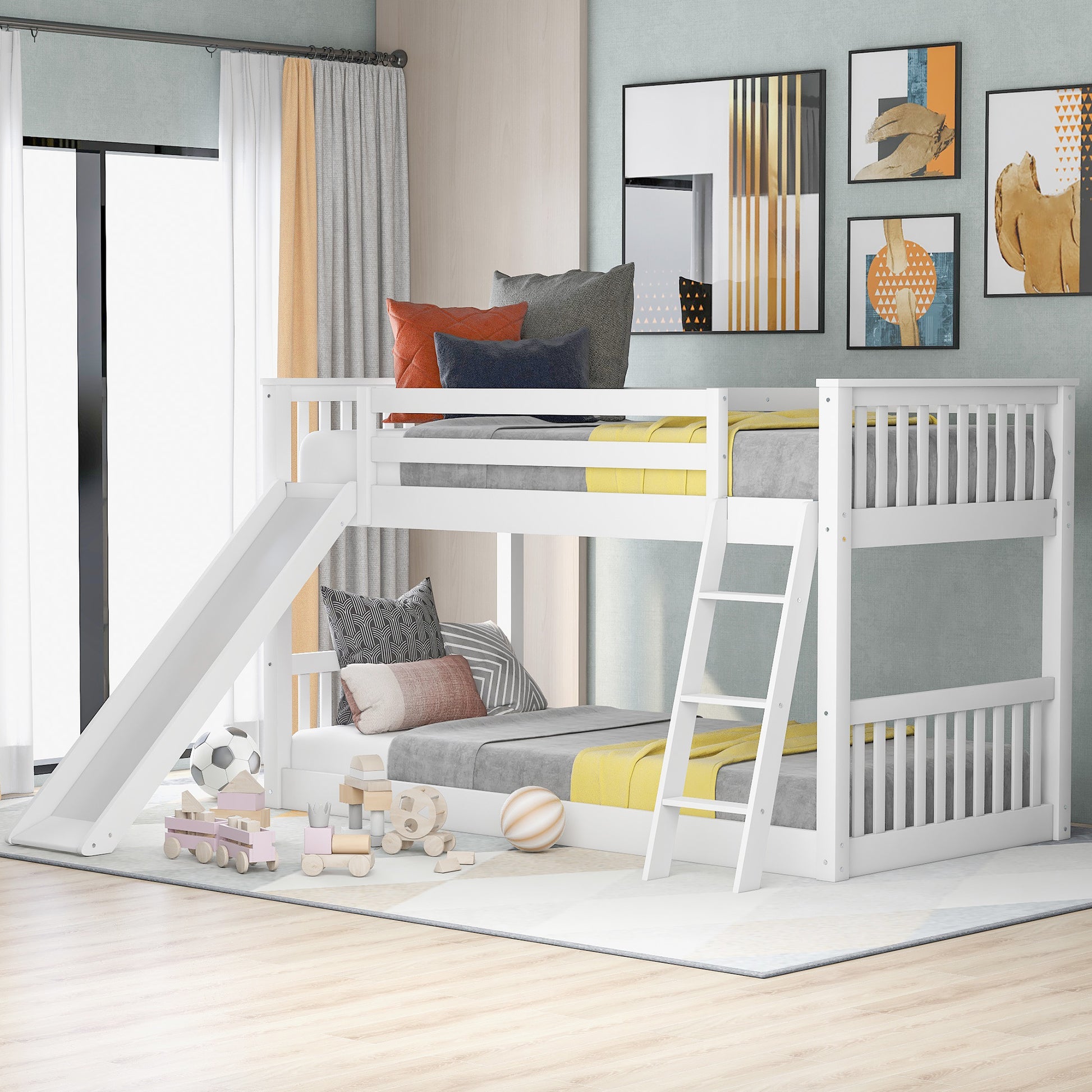 Twin Over Twin Bunk Bed With Convertible Slide And Ladder, White Old Sku: Sm000213 Box Spring Not Required Twin White Wood Bedroom Bunk Pine