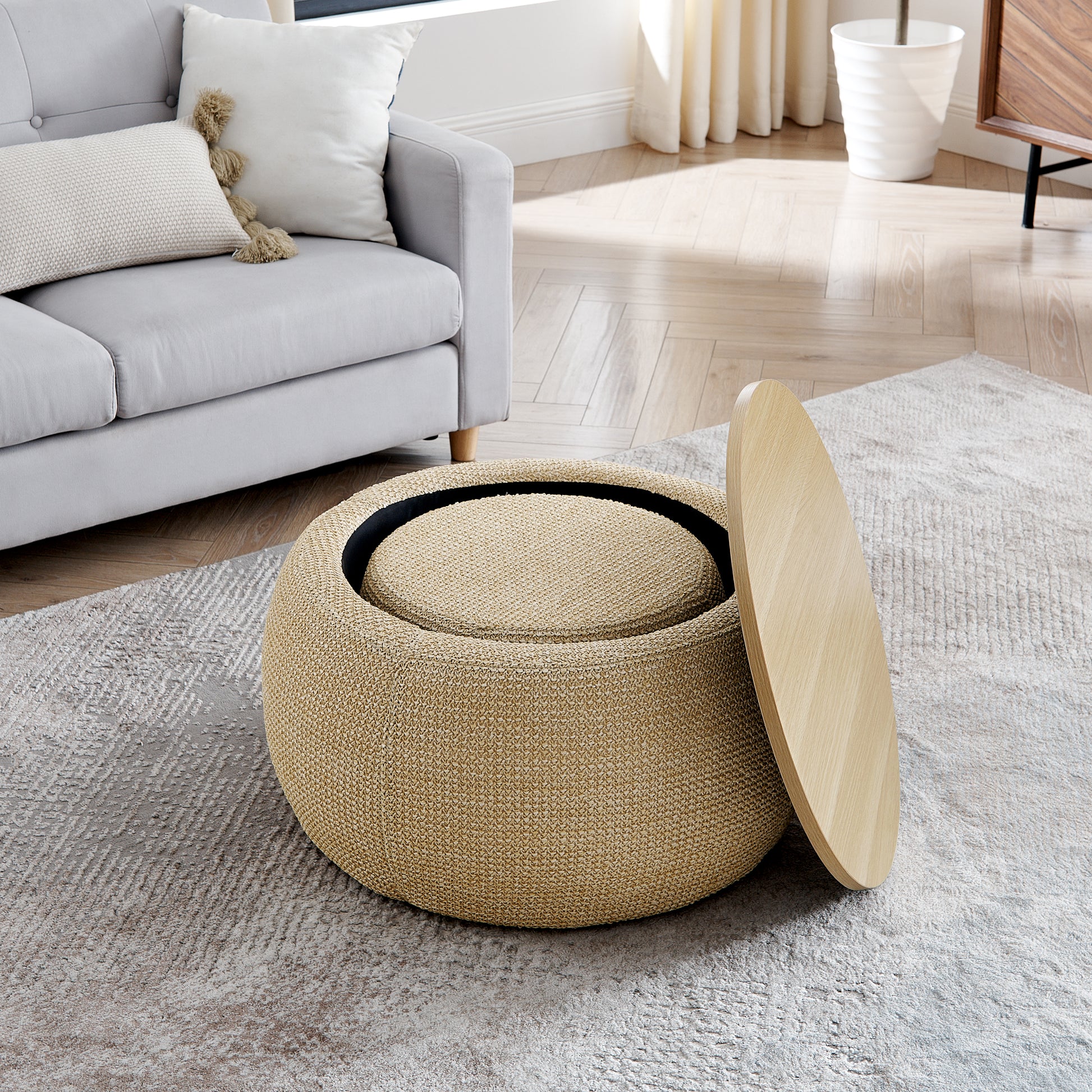 Round Storage Ottoman, Woven Rattan Fabric Ottoman, 2 In 1 Function, Work As End Table And Ottoman,With Small Seat Nature 25"X25"X14.7" Natural Foam