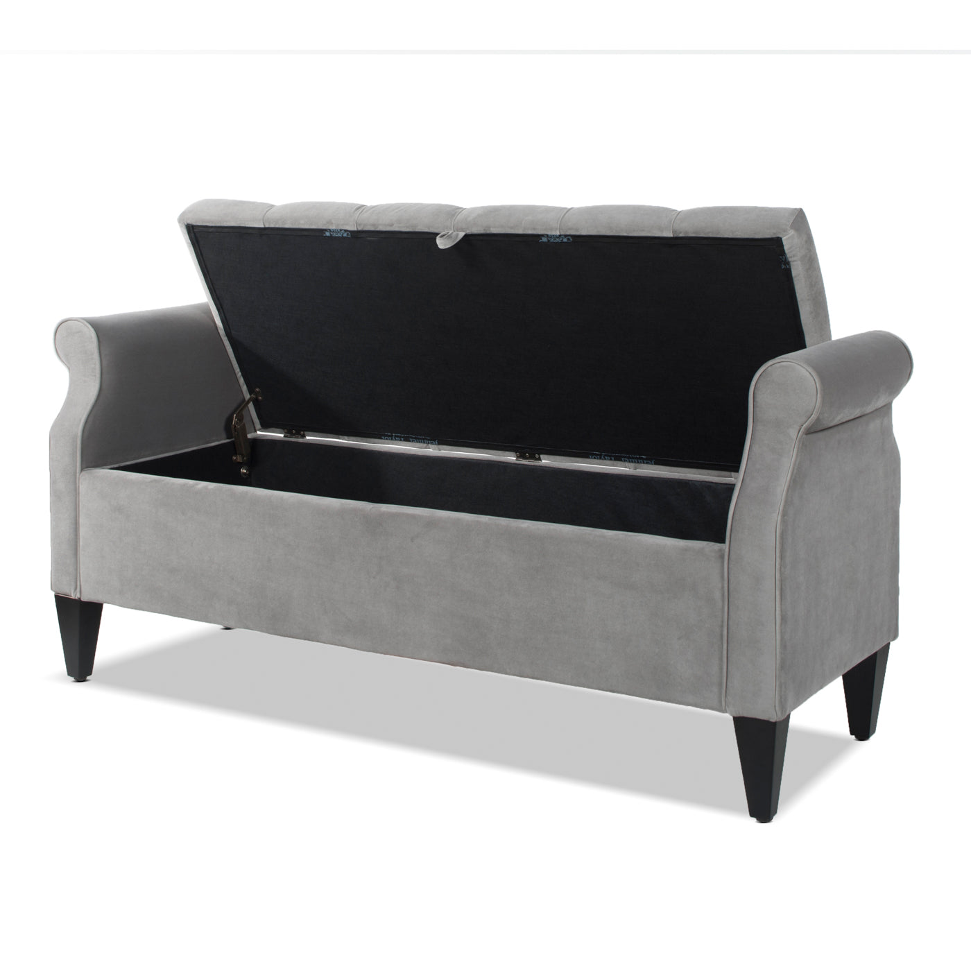 Jacqueline 57.5" Tufted Roll Arm Storage Bench, Opal Grey Velvet Gray Foam Velvet