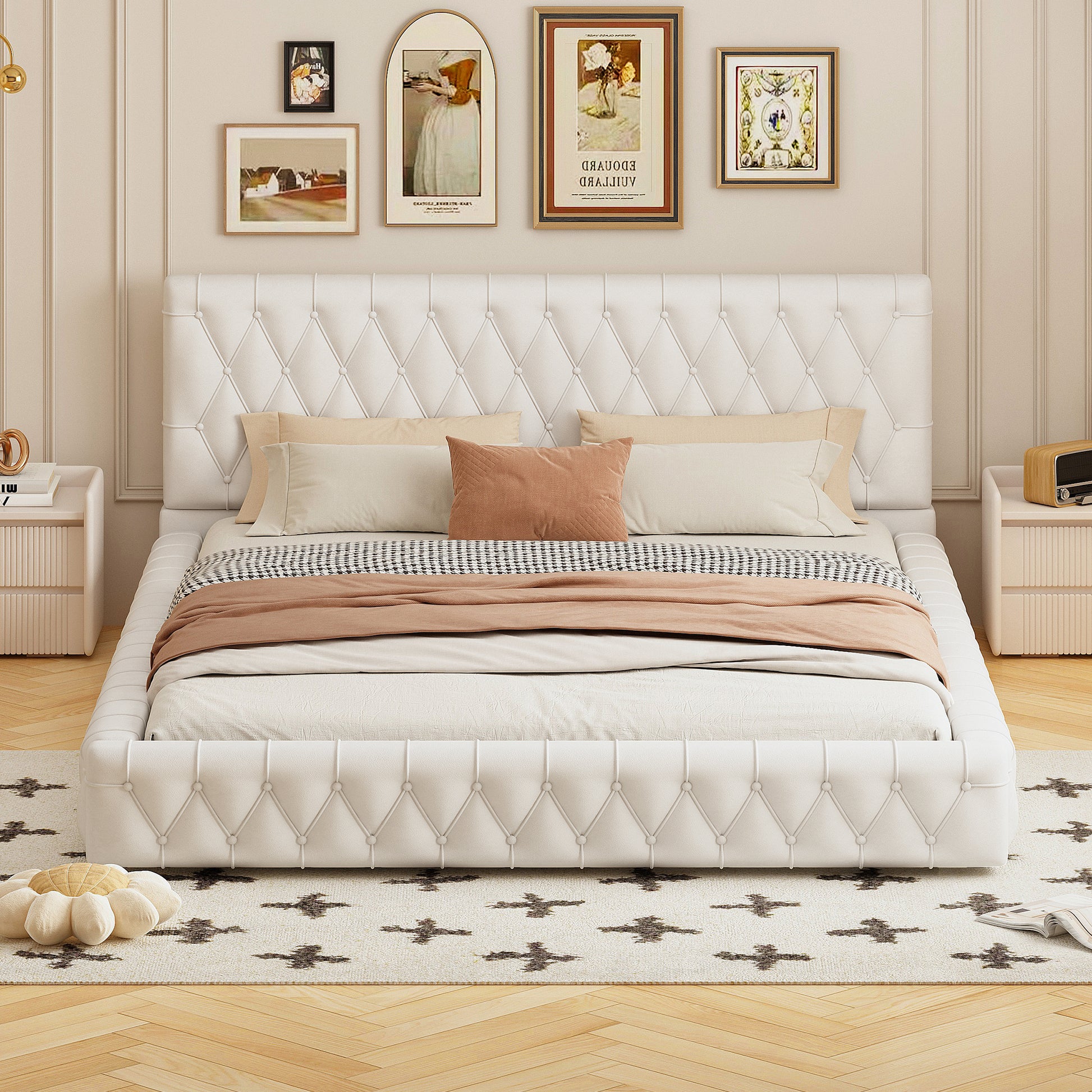 Queen Size Upholstered Bed With Tufted Headboard, Modern Velvet Platform Bedno Box Spring Required, White Queen White Solid Wood Mdf