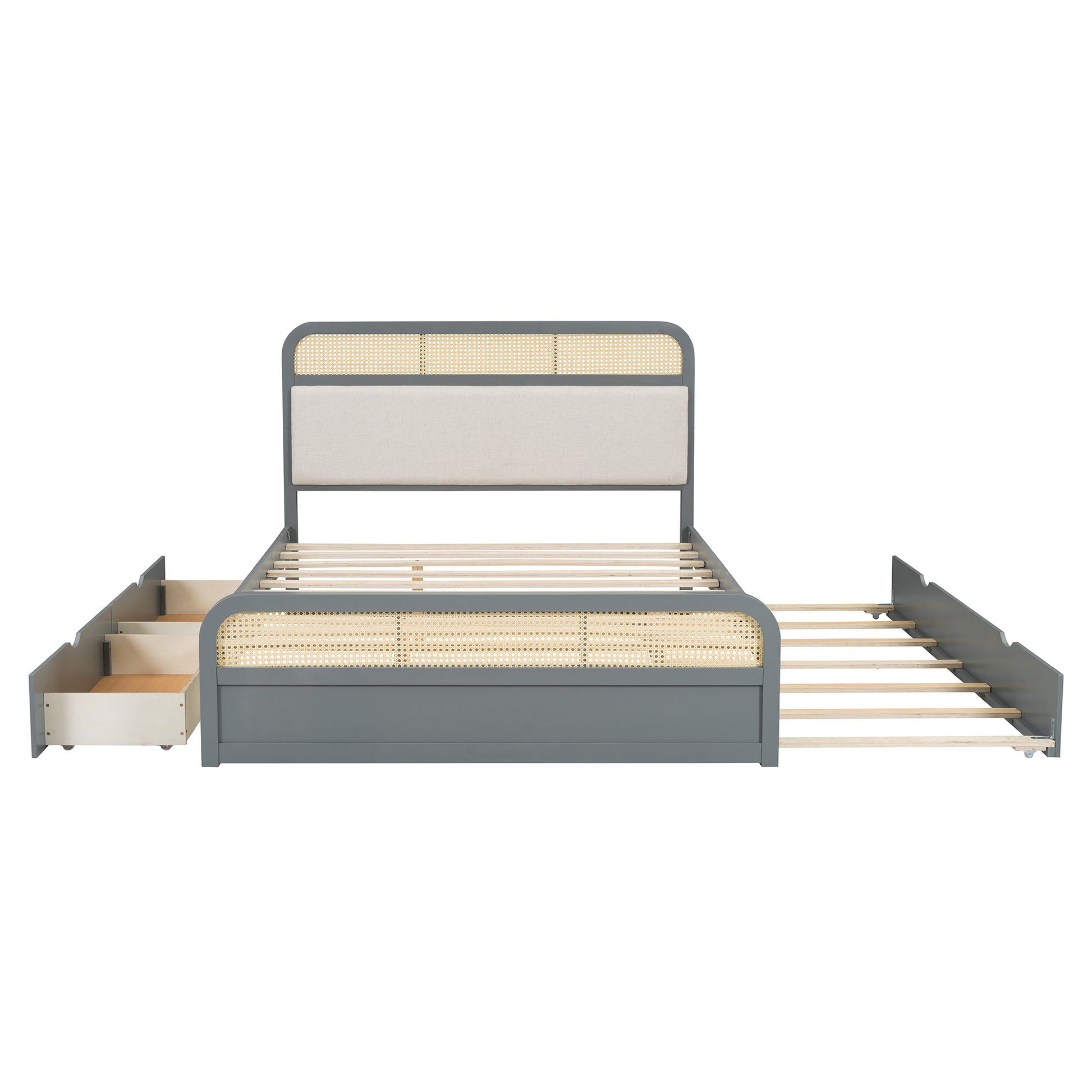 Queen Size Wooden Platform Bed With Trundle And 2 Drawers,Gray Queen Gray Solid Wood Mdf