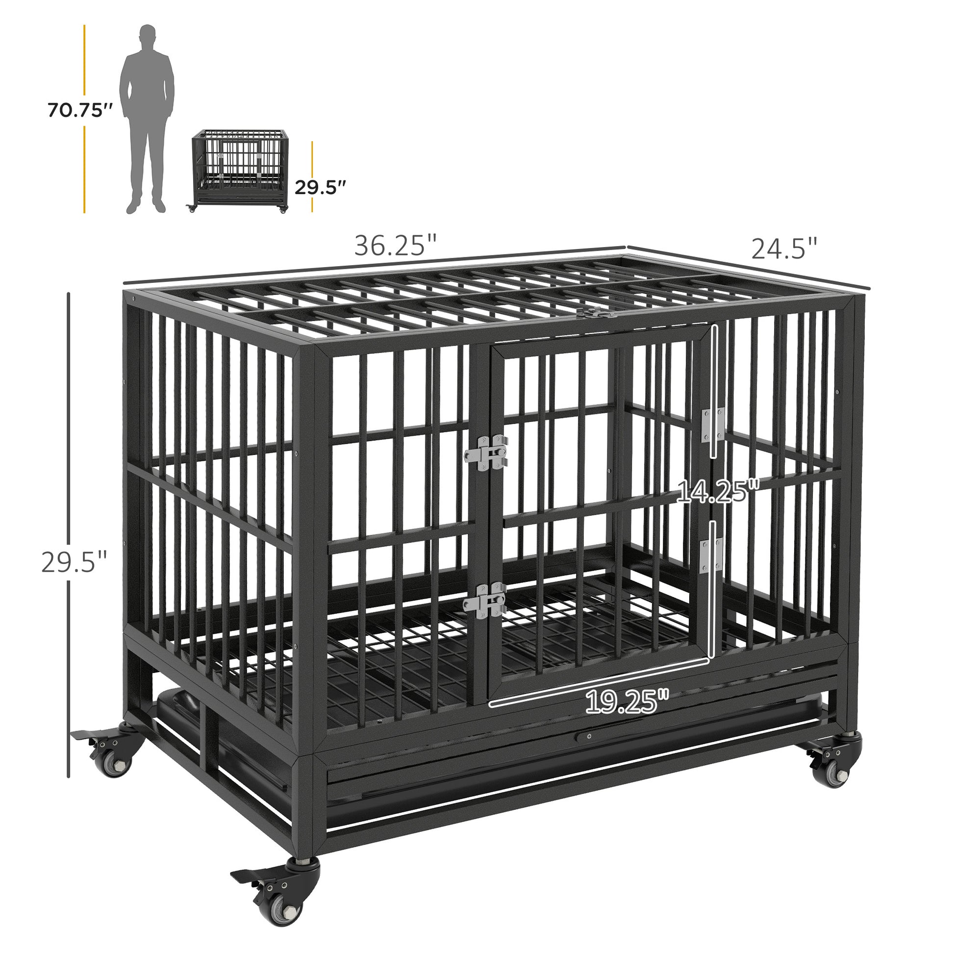 Pawhut 36" Heavy Duty Dog Crate Metal Cage Kennel With Lockable Wheels, Double Door And Removable Tray, Gray Grey Steel