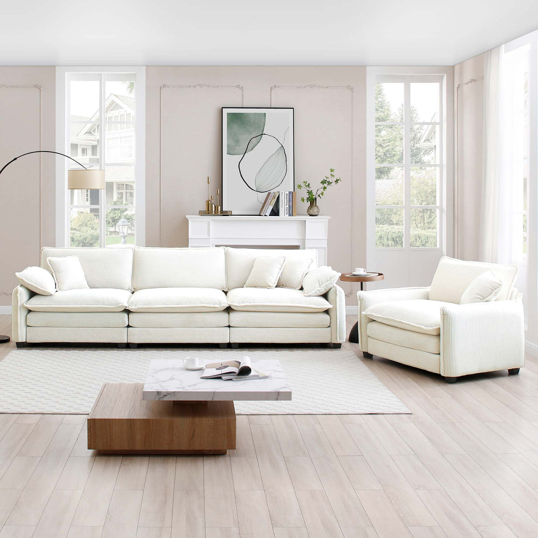 Mid Century Modern Sofa Set Of Two, One 3 Seater Sofa And One Single Seat Sofa With 2 Arm Pillows And 4 Throw Pillows,2 Pieces Sofa Set For Living Room, Beige Corduroy Fabric Beige Corduroy 4 Seat
