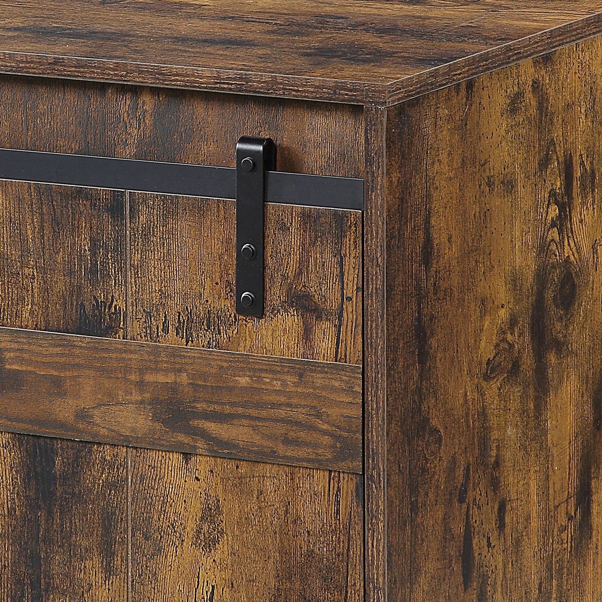 Rustic Oak End Table With Barn Door Rustic Primary Living Space Farmhouse Oak Rectangular Wood Metal Pedestal