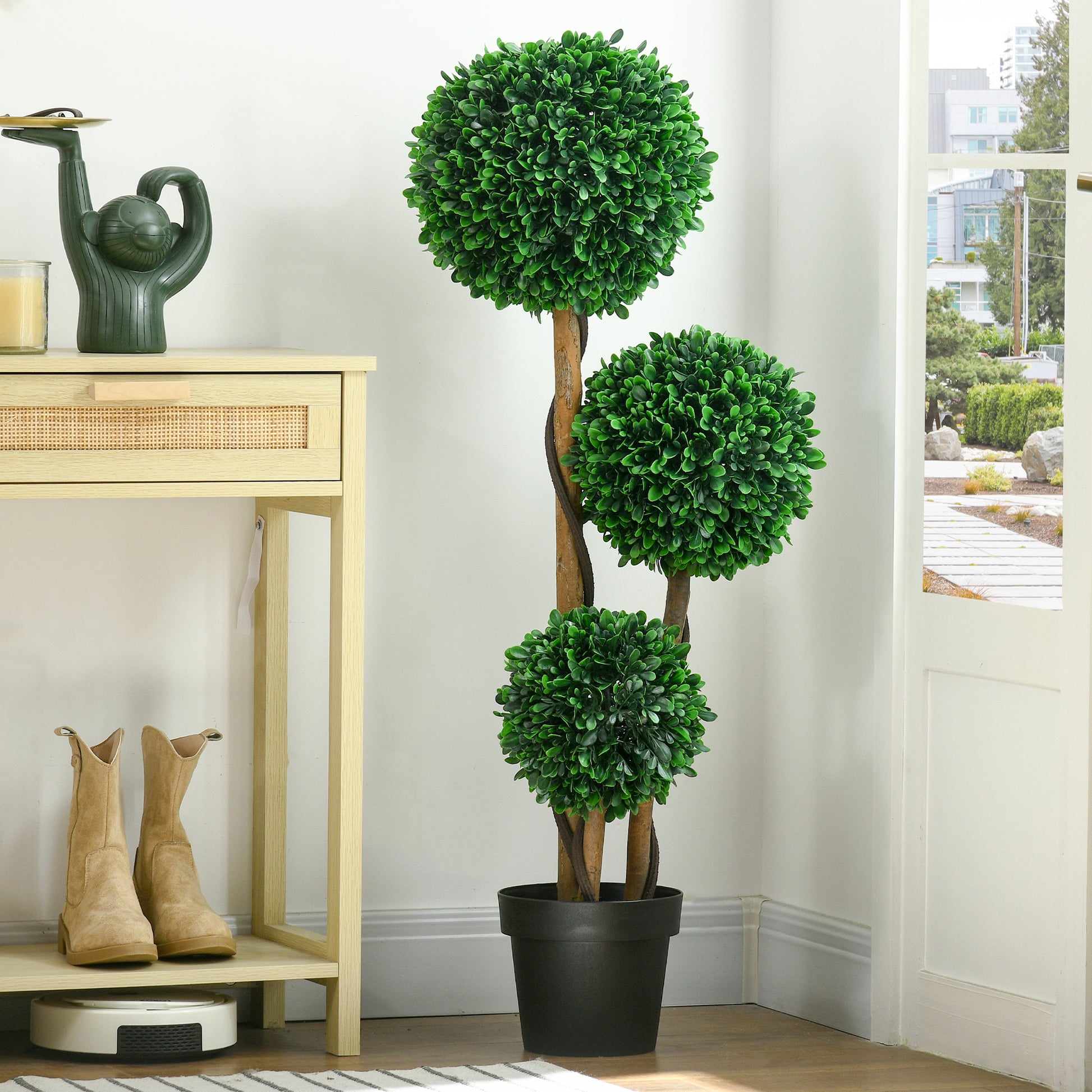 Homcom 3.5Ft 43.25" Artificial 3 Ball Boxwood Topiary Tree With Pot, Indoor Outdoor Fake Plant For Home Office, Living Room Decor Green Plastic