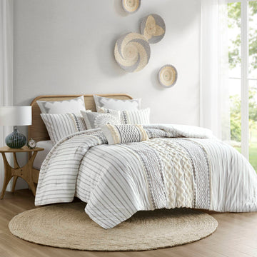 Cotton Printed Comforter Set With Chenille Ivory Full Queen Queen Ivory Cotton