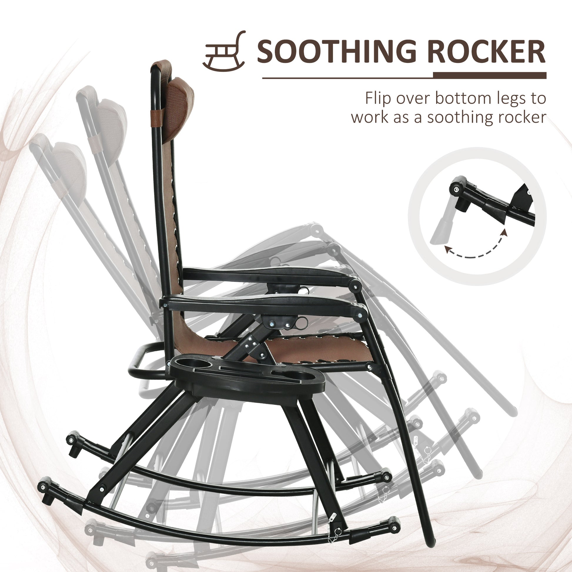 Outsunny Set Of 2 Outdoor Rocking Chairs, Foldable Reclining Zero Gravity Lounge Rocker With Pillow, Cup & Phone Holder, Combo Design With Folding Legs, Brown Brown Fabric Metal