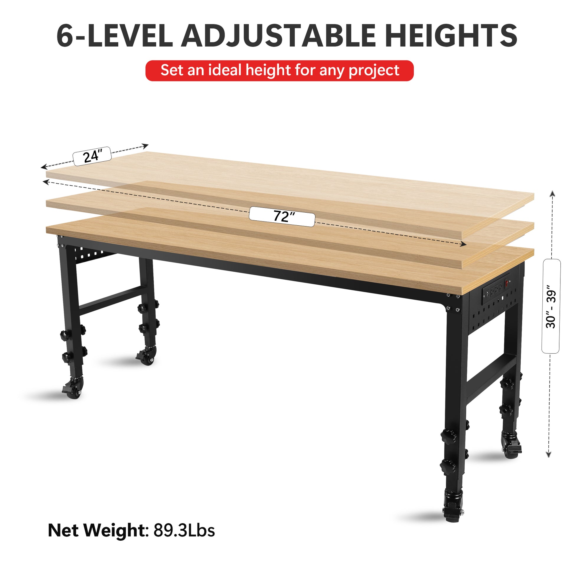 72" 24'' Adjustable Workbench, Rolling Heavy Duty Worktable With Power Outlet And Wheels, Large Load Capacity Rubber Wood Top Workbench For Garage, Office, Workshop, Home, Easy Assembly Black Steel