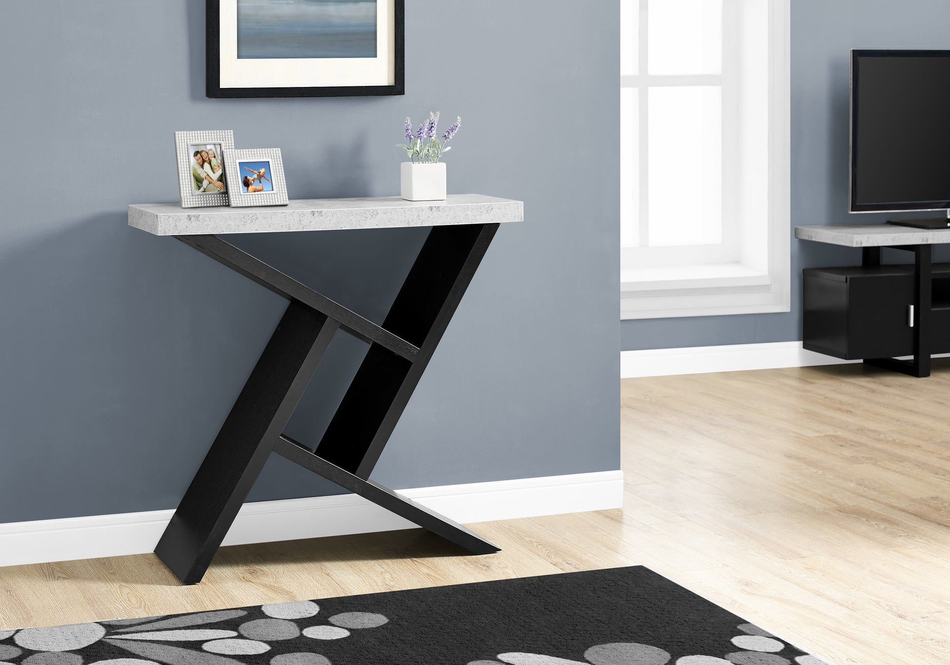 Accent Table, Console, Entryway, Narrow, Sofa, Living Room, Bedroom, Grey And Black Laminate, Contemporary, Modern Black Particle Board