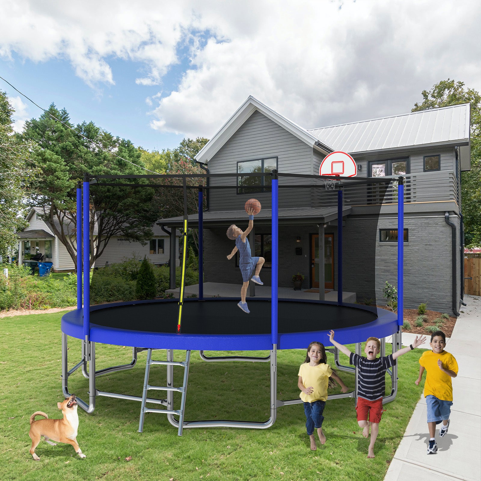 15Ft For Kids Children With Safety Enclosure Net Outdoor Backyards Large Recreational Trampoline Blue Metal