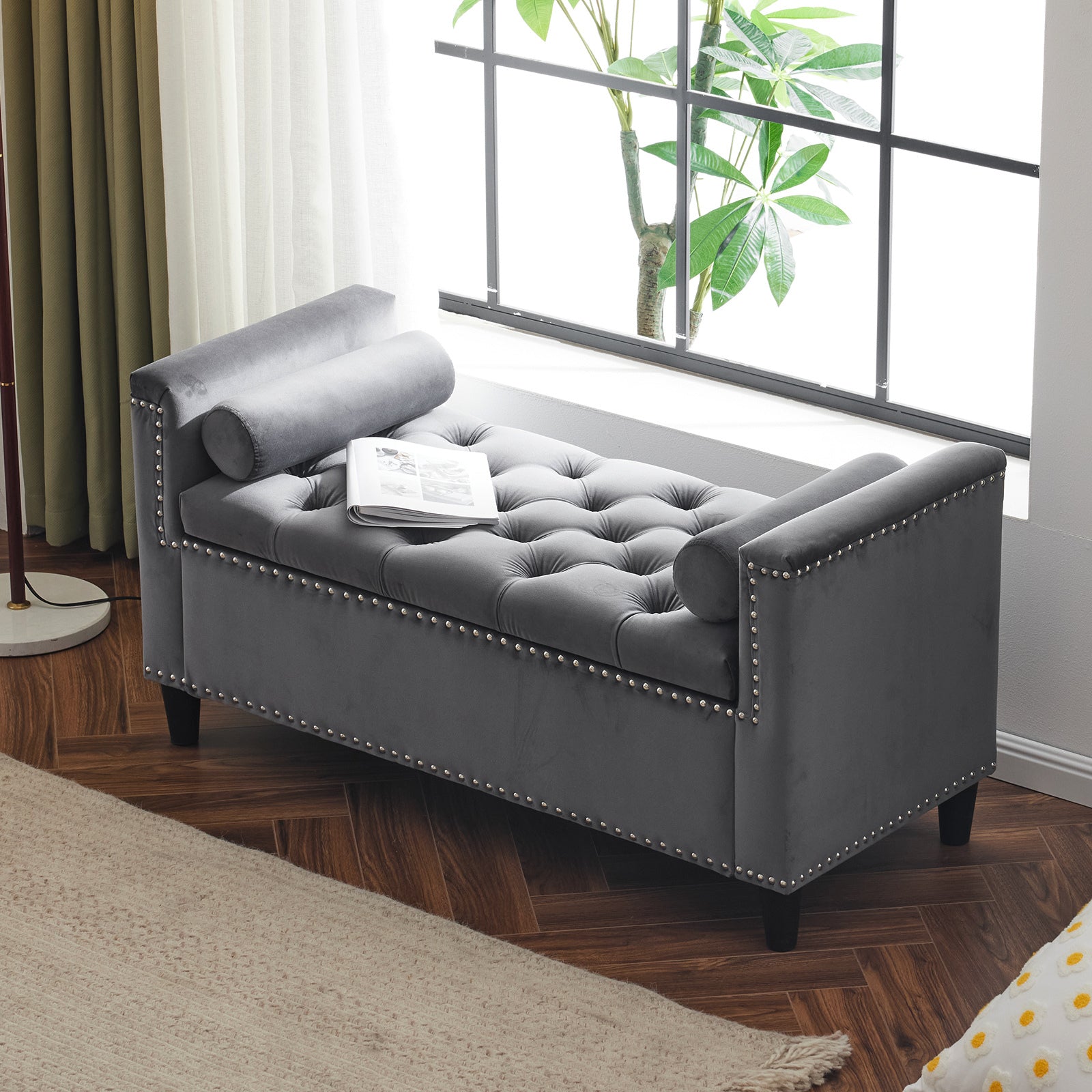 Storage Bench, 44.5 Inch Queen Velvet Button Bedside Bench, Entryway Living Room With Armrests, Trim, Upholstered Bedroom Bench, Bedside Ottoman, Living Room, Entryway, Gray Nailheads Gray White Velvet Primary Living Space Solid Black Modern Wood