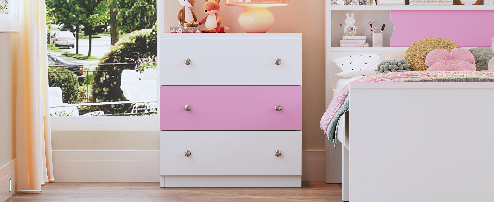 3 Drawer Wooden Nightstand With Colorblock Design And Plastic Handle, Wood Side Table With Storage Cabinet For Bedroom, White Pink White Pink Wood