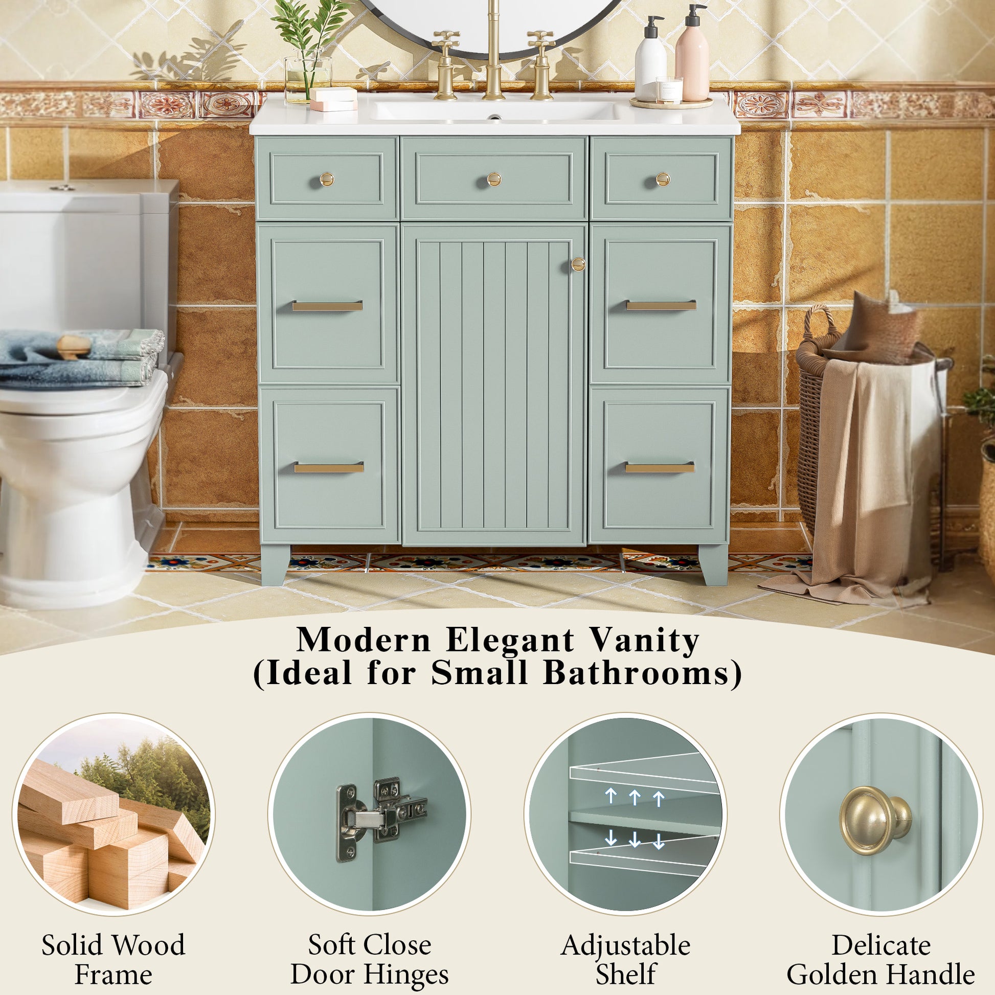 36" Bathroom Vanity With Ceramic Sink, Green, Solid Wood Frame, Soft Close Doors, Adjustable Shelves, 3 Drawers ,Including Double Depth Drawer For Hairdryer Storage Old Sku:Sv000003Aag 1 Green