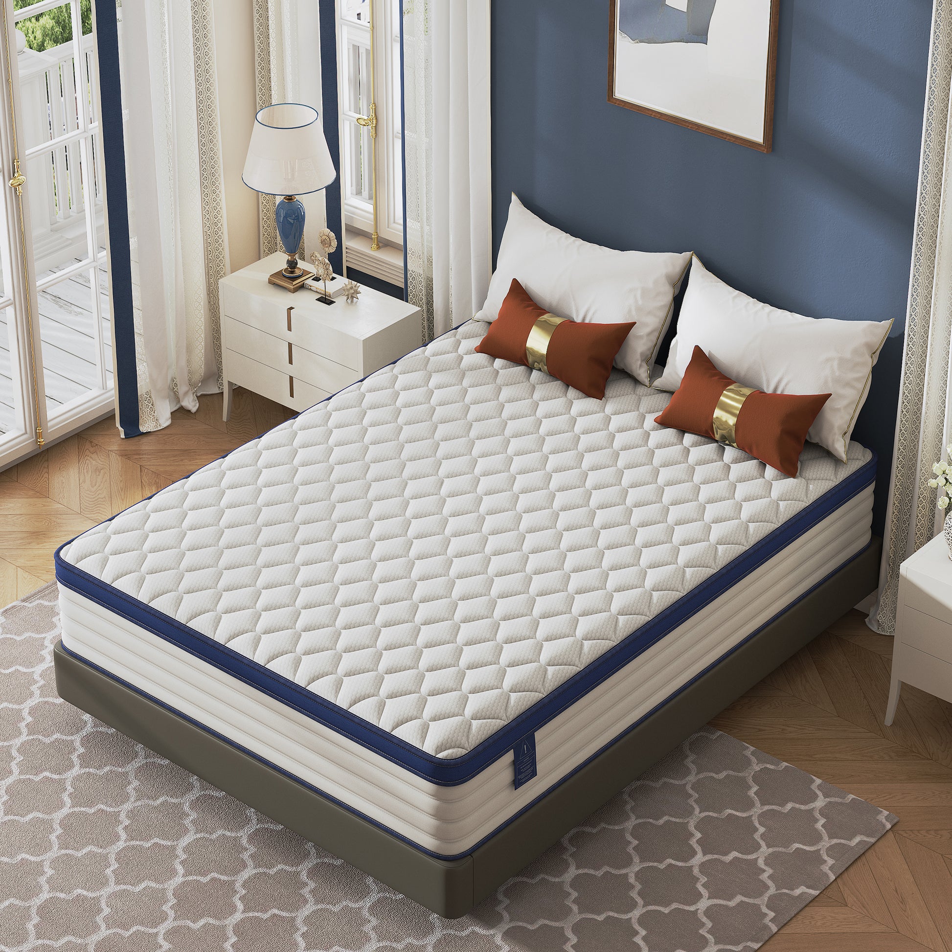 Mattress Home Mattress Bedroom Mattress Double Mattress Gel Memory Cotton Mattress Full Size Mattress Roll Pack Compression Mattress Box Mattress White Blue Foam Spring Queen