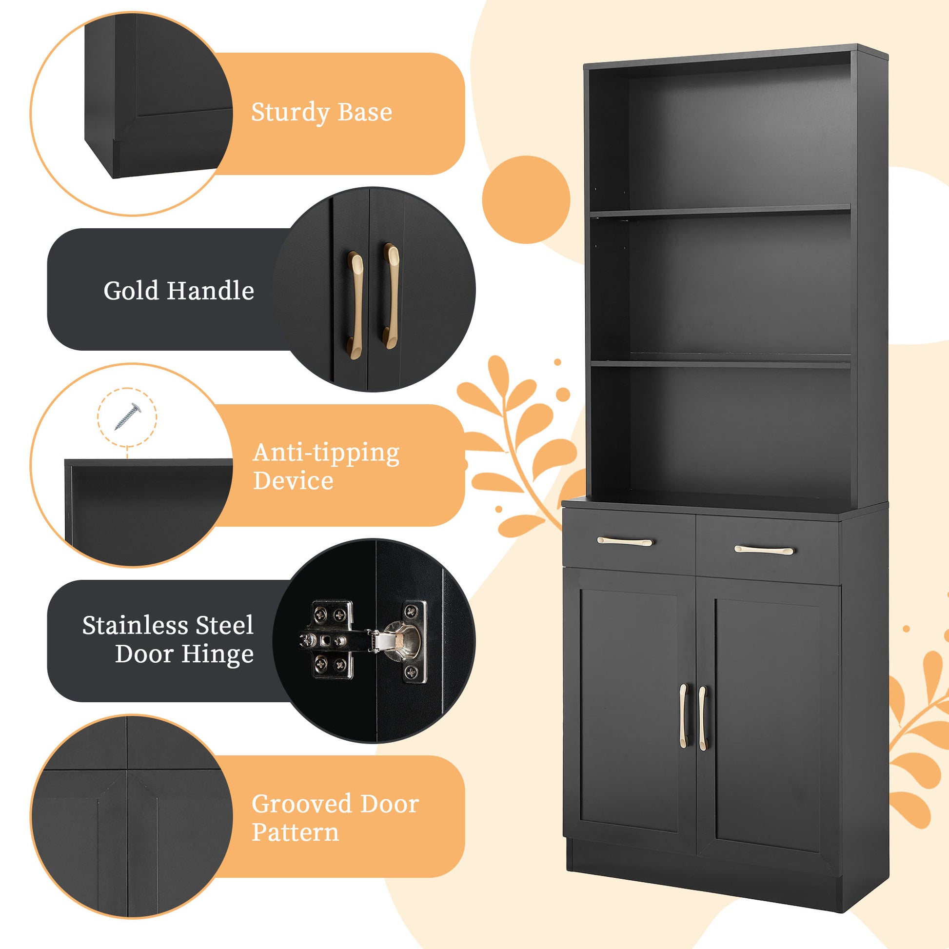 Bathroom Storage Cabinet, Cabinet With Two Doors And Drawers, Adjustable Shelf, Three Layer Open Shelf, Mdf Board, Black Black Mdf