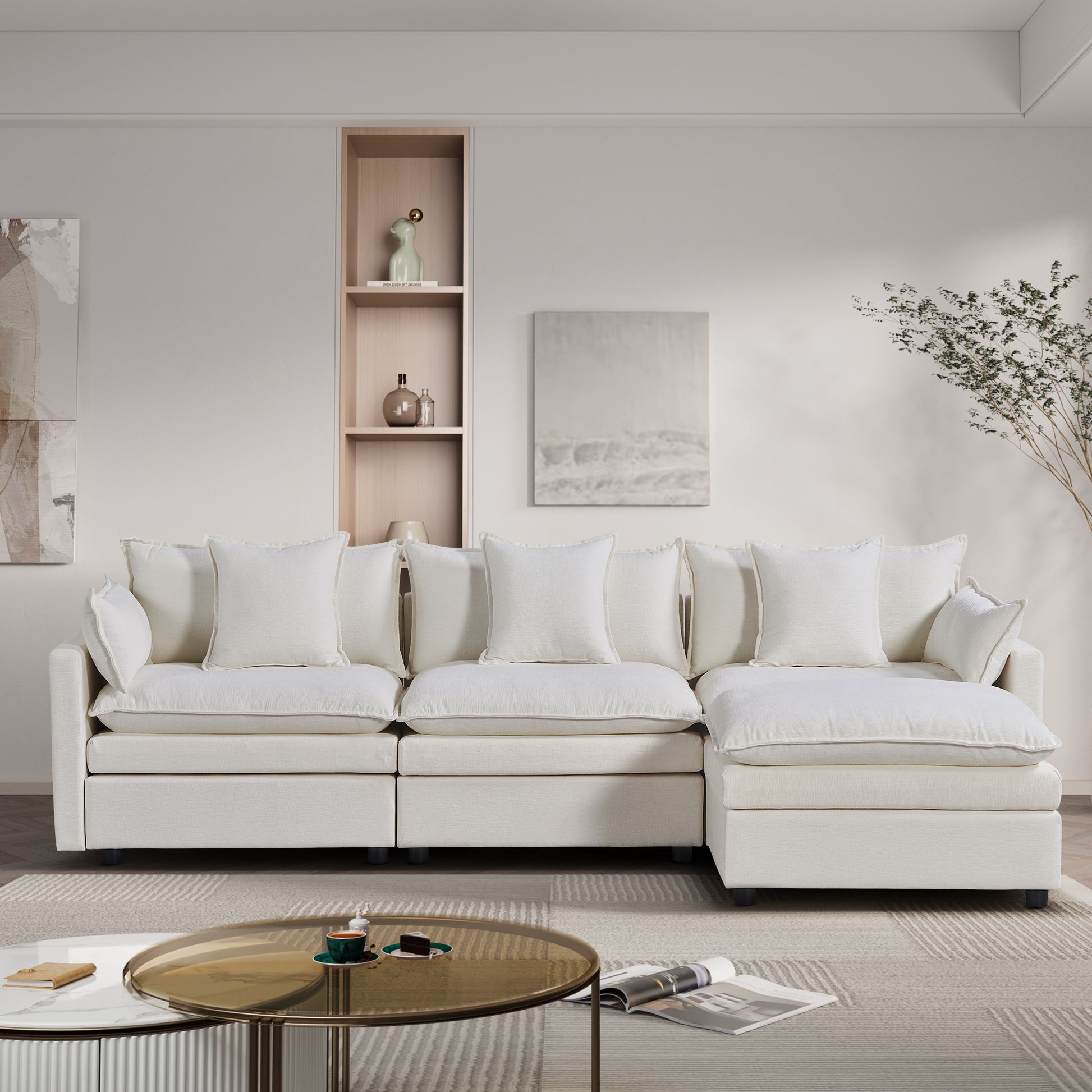 108.66"Modern Chenille L Shaped Sectional Sofa With Convertible Chaise, Comfy Cloud Couch Deep Sectional Sofa With Ottomans For Living Room White Wood Foam Chenille 3 Seat