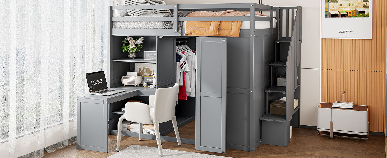 Full Size Loft Bed With Wardrobe,Desk And Shelves,Grey Grey Mdf Lvl