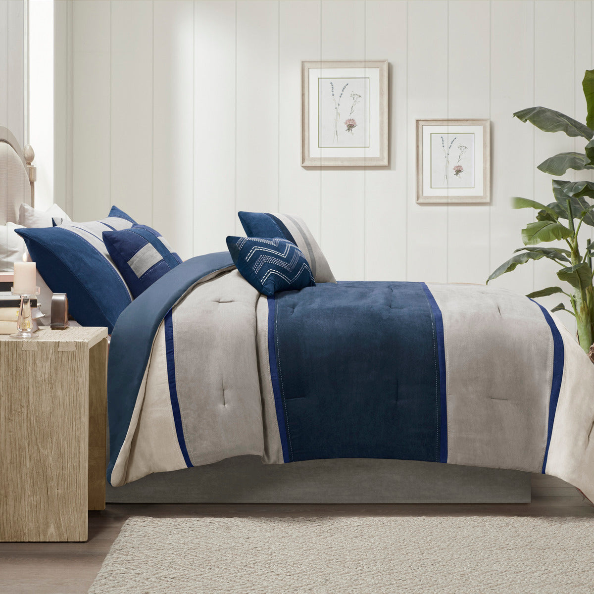 7 Piece Faux Suede Comforter Set Blue Queen Queen Blue Polyester