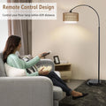 Arc Floor Lamp With Remote, Modern Led Floor Lamp With Dimmable Bulb, Boho Farmhouse Standing Lamp With Fabric & Rattan Lampshades, Height Adjustable Black Tall Lamp For Living Room Bedroom Brown