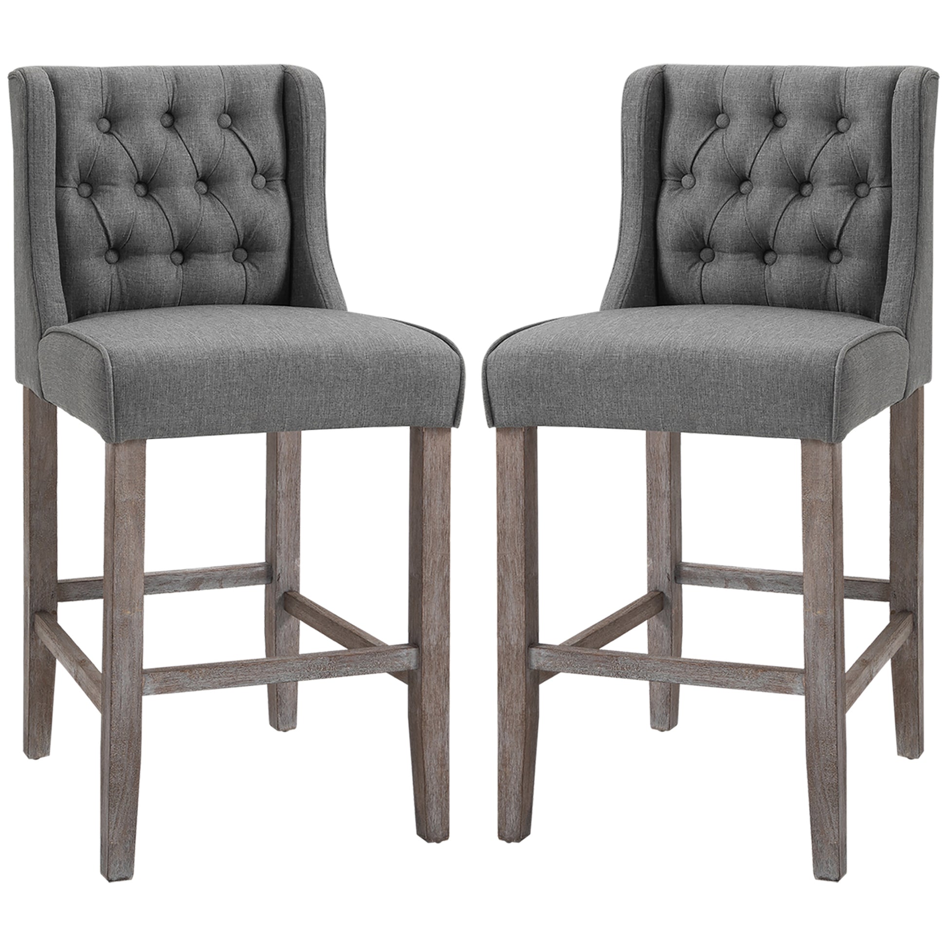 Homcom 26.25" Counter Height Bar Stools, Tufted Wingback Armless Upholstered Dining Chair With Rubber Wood Legs, Set Of 2, Gray Gray Wood