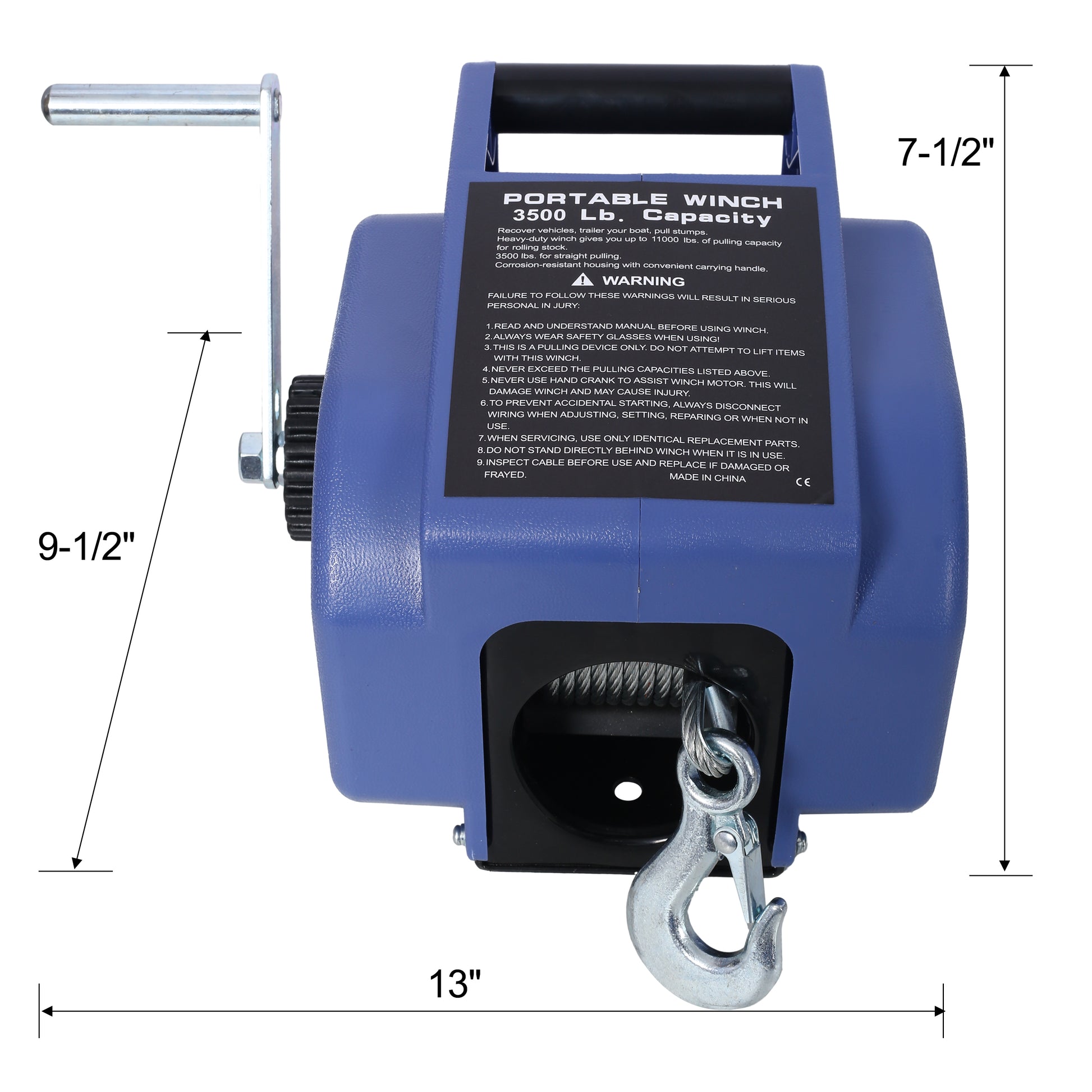 12V Trailer Winch,Reversible Electric Winch, For Boats Up To 6000 Lbs.Galvanized Wire Rope,With Extra Pulley Hook,Power In And Power Out,With Manual Function.Blue Plastic Casing Blue Plastic