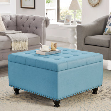 Large Square Storage Ottoman With Wooden Legs, Upholstered Button Tufted Coffee Table With Nail Trims,Light Blue Espresso Wood Primary Living Space Solid Black Rubberwood Wood Tufted Light Blue Linen Linen Or Linen Blend Medium Soft Backless American