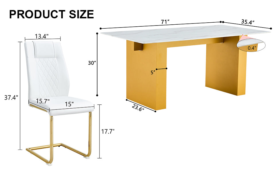 Table And Chair Set.Large Modern Rectangular Table With 0.4 Inch Patterned Glass Tabletop And Large Mdf Table Legs.Comes With 8 Chairs With Faux Leather Cushioned Seats And Golden Metal Legs. Gold White Seats 8 Mdf Glass