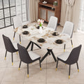 1 Table And 6 Chairs Set.A Rectangular Dining Table With A 0.39 Inch Imitation Marble Tabletop And Black Metal Legs.Paired With 6 Chairs With Pu Leather Seat Cushion And Black Metal Legs.F 1538,C 007 Black Glass Metal