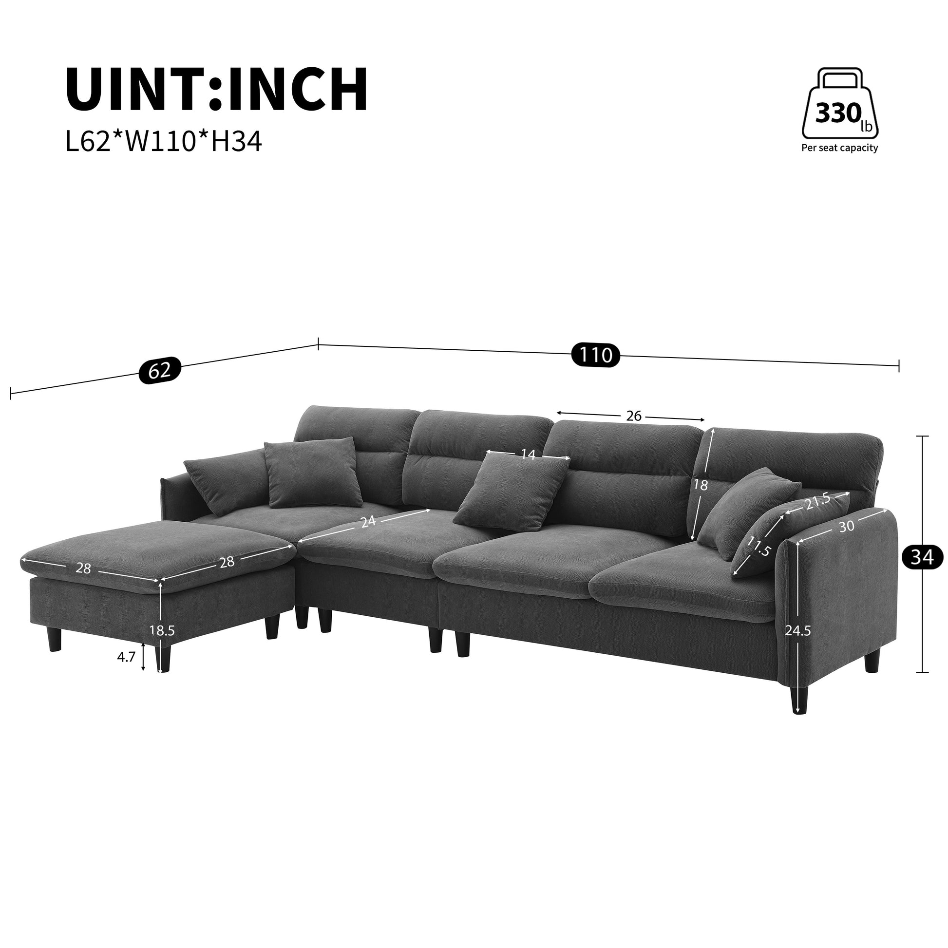 110*62" Modern Convertible Sectional Sofa,L Shaped Reversible Couch Set With Free Pillows,5 Seat Cloud Chenille Indoor Furniture With Ottoman For Living Room,Apartment,3 Colors Gray Chenille 5 Seat