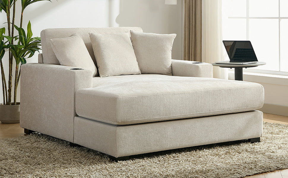 55" Oversized Chaise Lounger Modern Style Sofa Couch ,With Pillows, Charge Station & Cup Holders, Chenille Fabric, Cream Cream Chenille