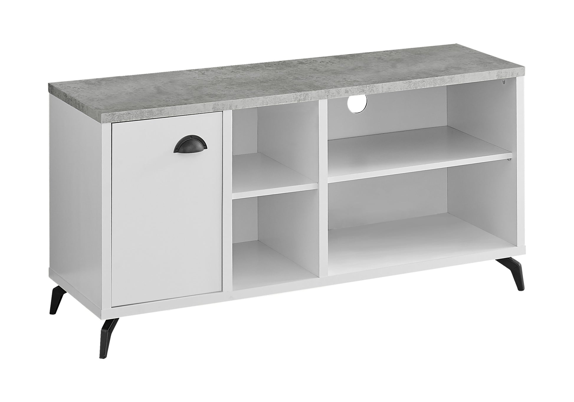 Tv Stand, 48 Inch, Console, Media Entertainment Center, Storage Cabinet, Living Room, Bedroom, White And Grey Laminate, Black Metal, Contemporary, Modern White 80 89 Inches Mdf