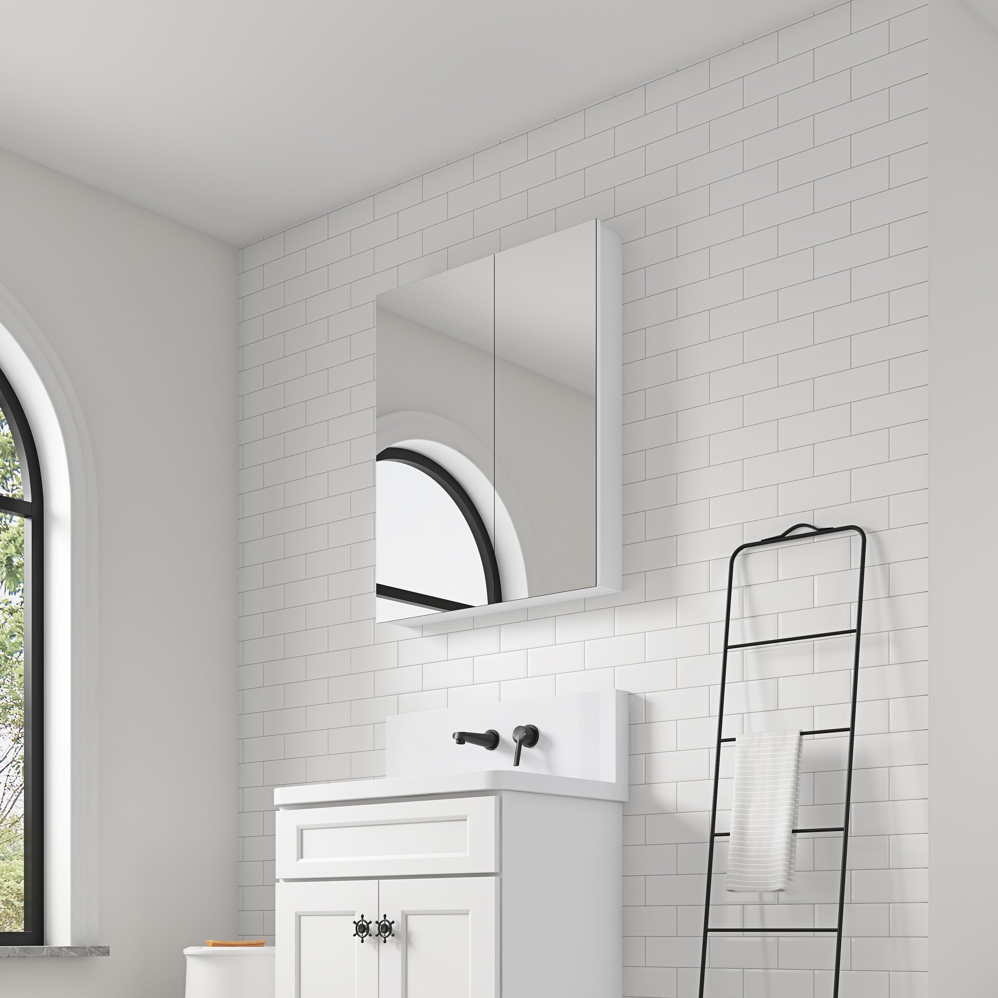 30'' W X 36'' H Bathroom Mirror Medicine Cabinet Wooden Door Medicine Cabinets For Bathroom, Wall Mounted Recessed Or Surface, Bathroom Mirror With Storage White Engineered Wood