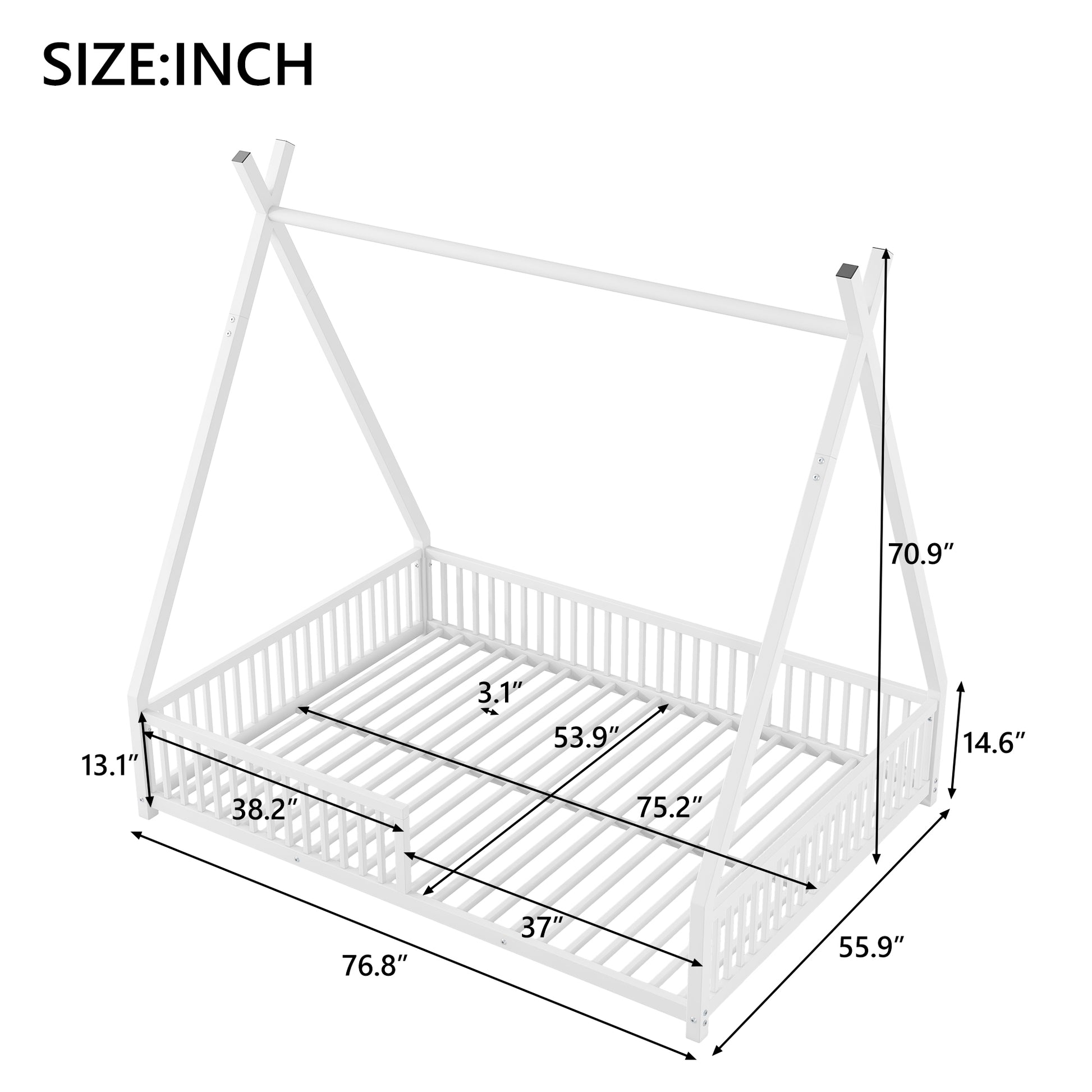 Metal Full Size House Platform Bed With Triangle Structure And Guardrail, White Expected Arrival Time: 9.7 Box Spring Not Required Full White Metal Metal