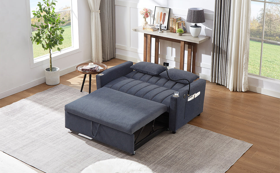 55.9" Convertible Sofa Bed Loveseat Sofa With Three Usb Ports, Two Side Pockets, Two Cup Holders And 360 Swivel Phone Holder For Living Room, Blue Grey Blue Gray Foam Polyester