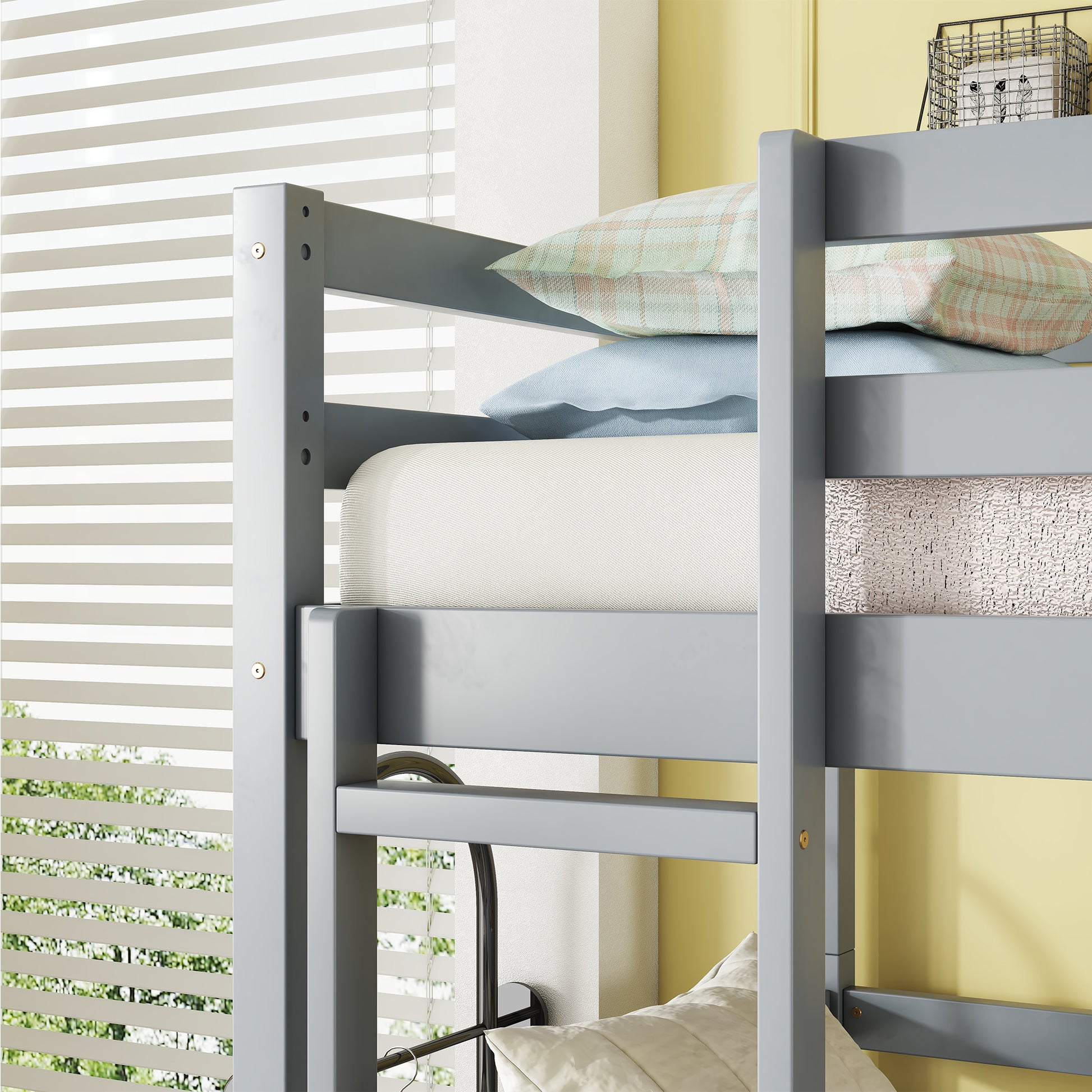 Triple Rubber Wood Bunk Bed With Two Built In Ladders, Guardrails, Twin Over Twin Over Twin, Detachable Triple Twin Bunk Bed,Grey Twin Grey Bedroom American Design Bed Frame Rubber Wood