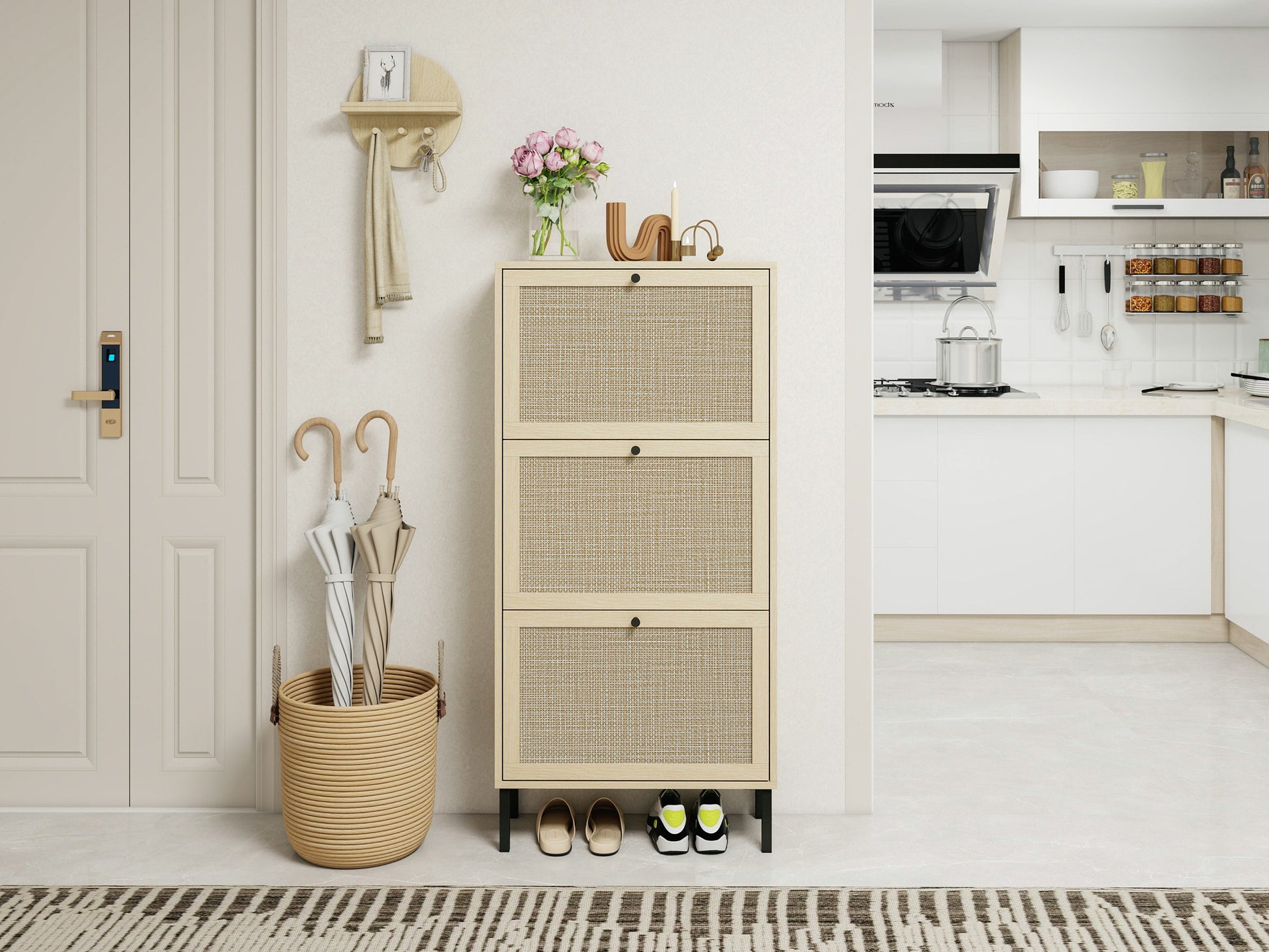 Rattan 3 Door Shoe Rack, Freestanding Modern Shoe Storage Cabinet, For Entryway Natural Particle Board
