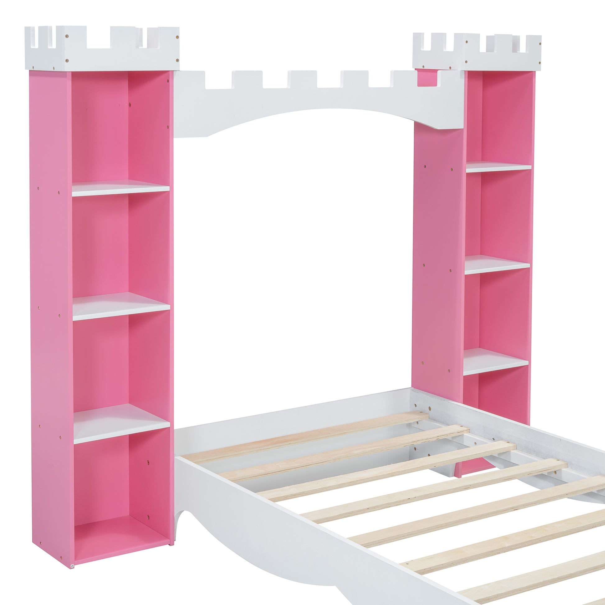 Castle Shaped Wooden Bed With Storage Shelf, Dreamy Twin Size Platform Bed For Kids Bedroom, Pink White Expected Arrival Time:8.14 Twin Pink White Wood